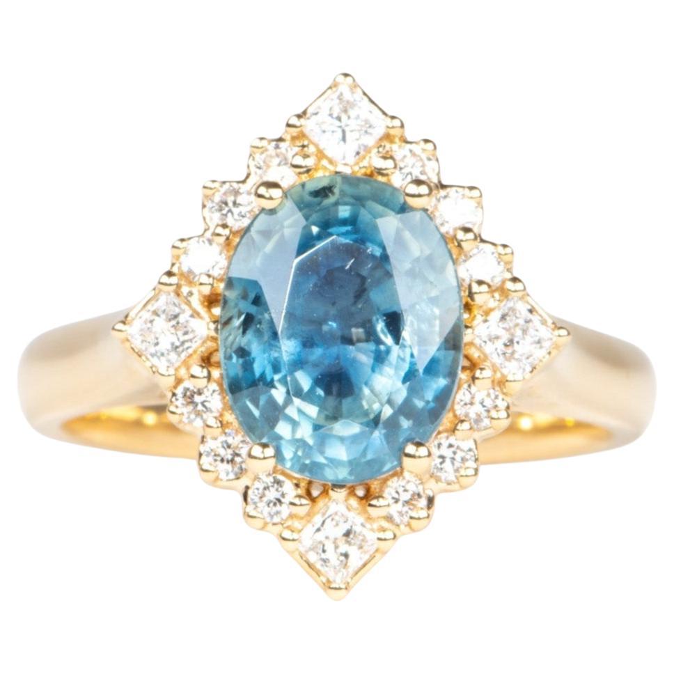 Anello di fidanzamento in oro 14K con zaffiro e aureola di diamanti da 3,21 carati R6779