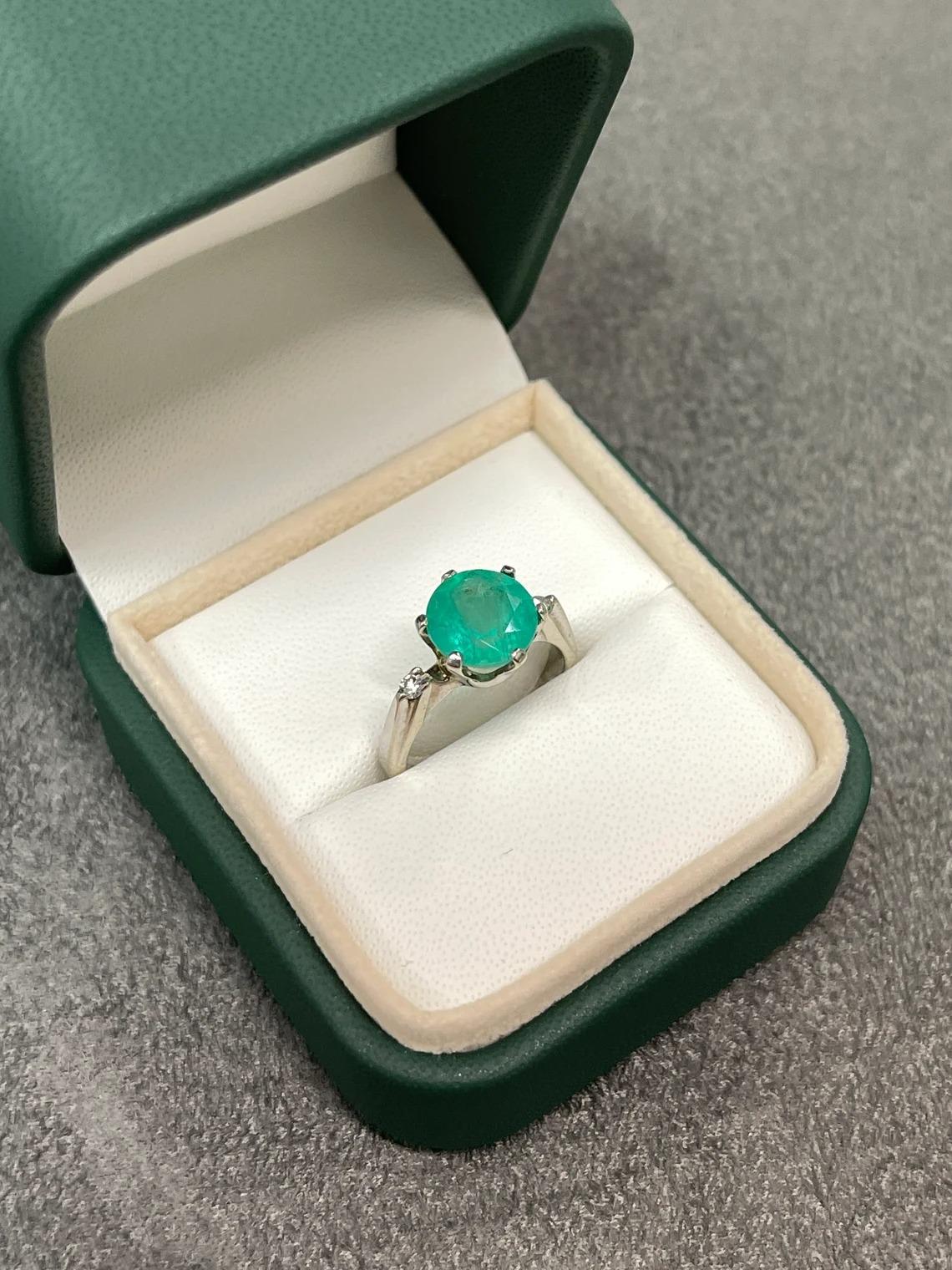 Modern 3.21tcw Colombian Emerald-Round Cut & Diamond Accent Three Stone Ring Gift 14K For Sale