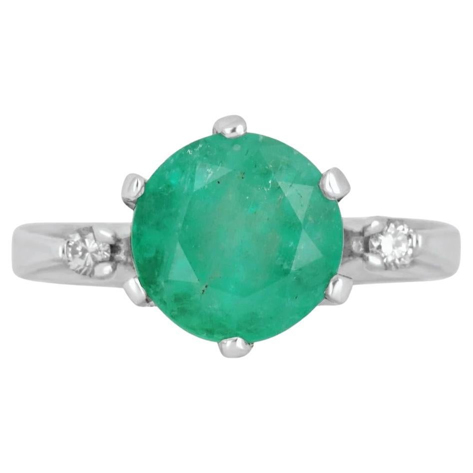 3.21tcw Colombian Emerald-Round Cut & Diamond Accent Three Stone Ring Gift 14K For Sale
