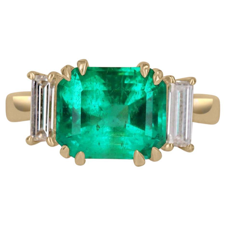 3.21tcw 18K Three Stone Emerald-Emerald Cut & Diamond Baguette Ring For Sale