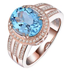 3.22 Carat Blue Topaz Diamond Ring 14 Karat Rose Gold