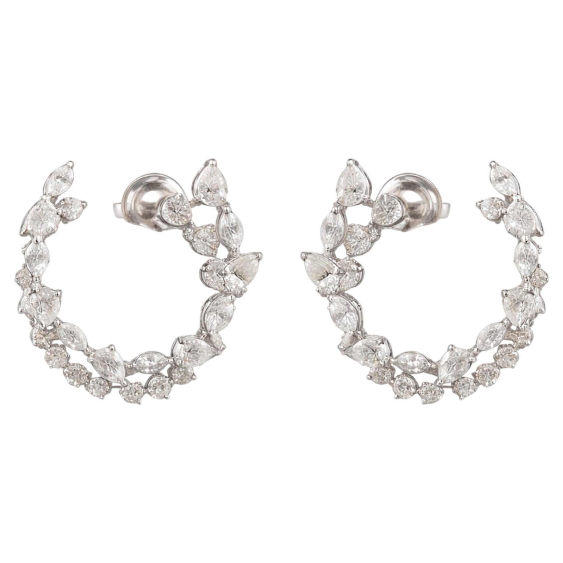 Natural Diamond Open Hoop Earrings 3.22 Ct 18K White Gold Multi Shape Diamond