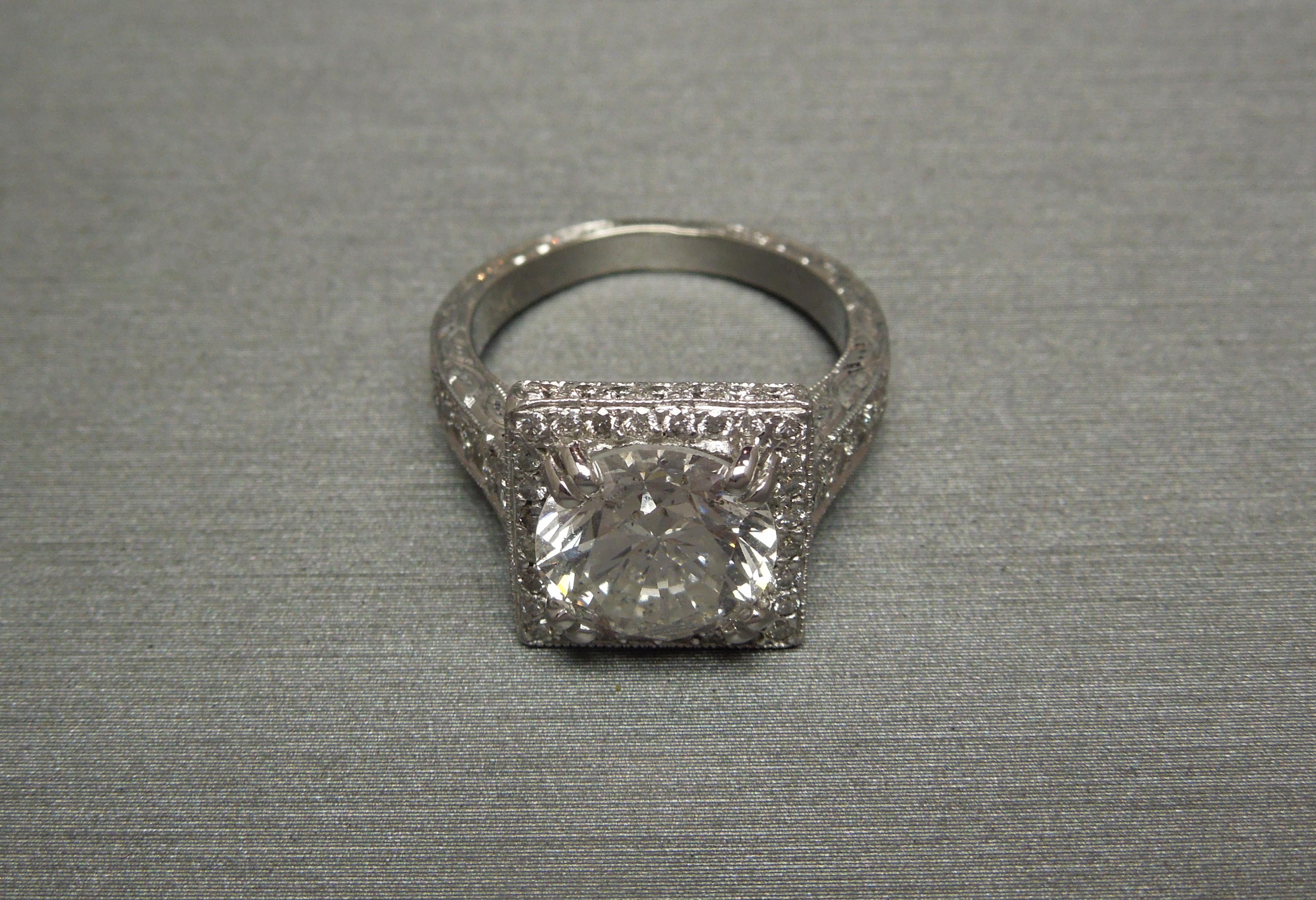 3.22 Carat GIA Diamond Square Halo Ring For Sale 4