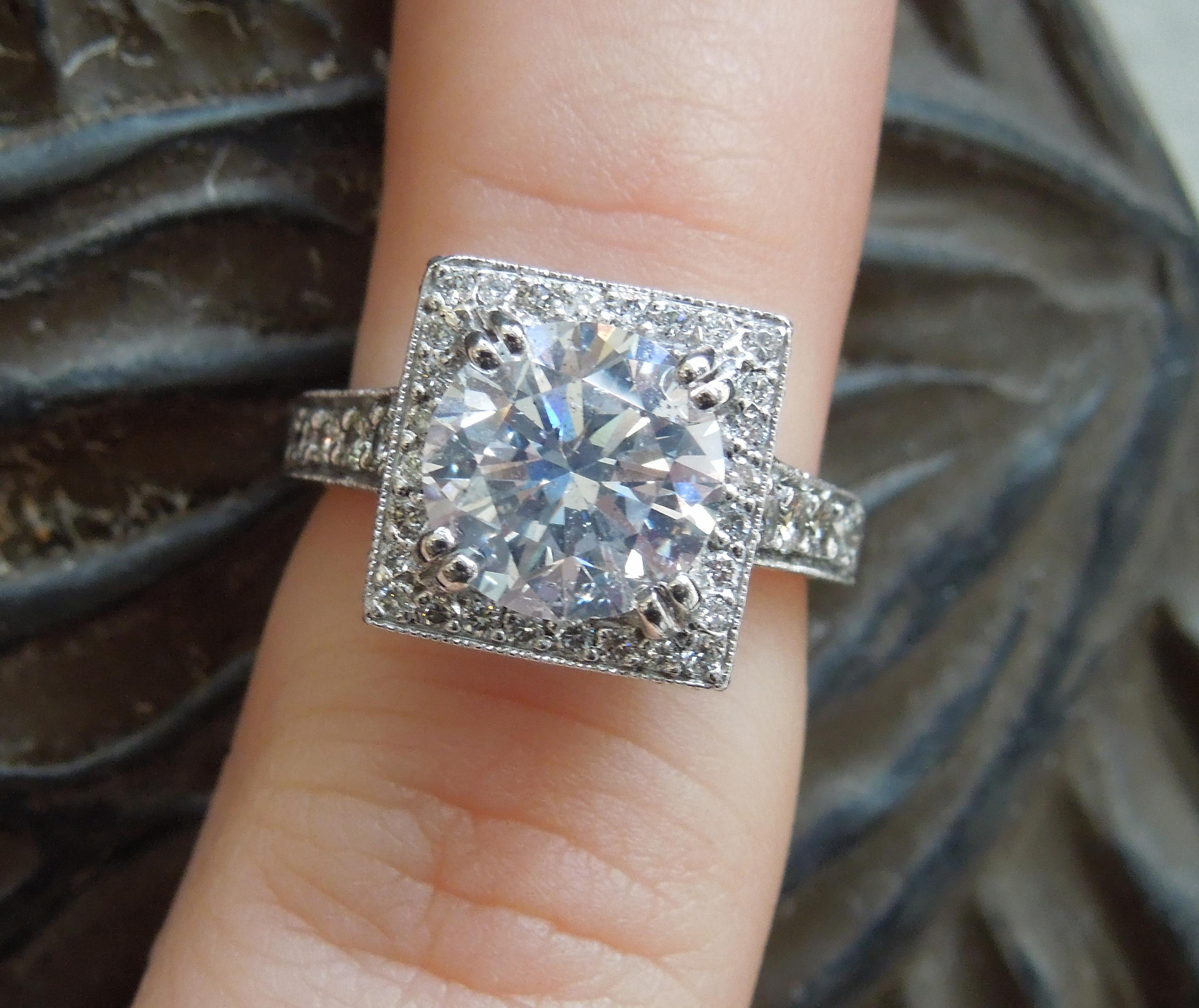 Women's 3.22 Carat GIA Diamond Square Halo Ring For Sale