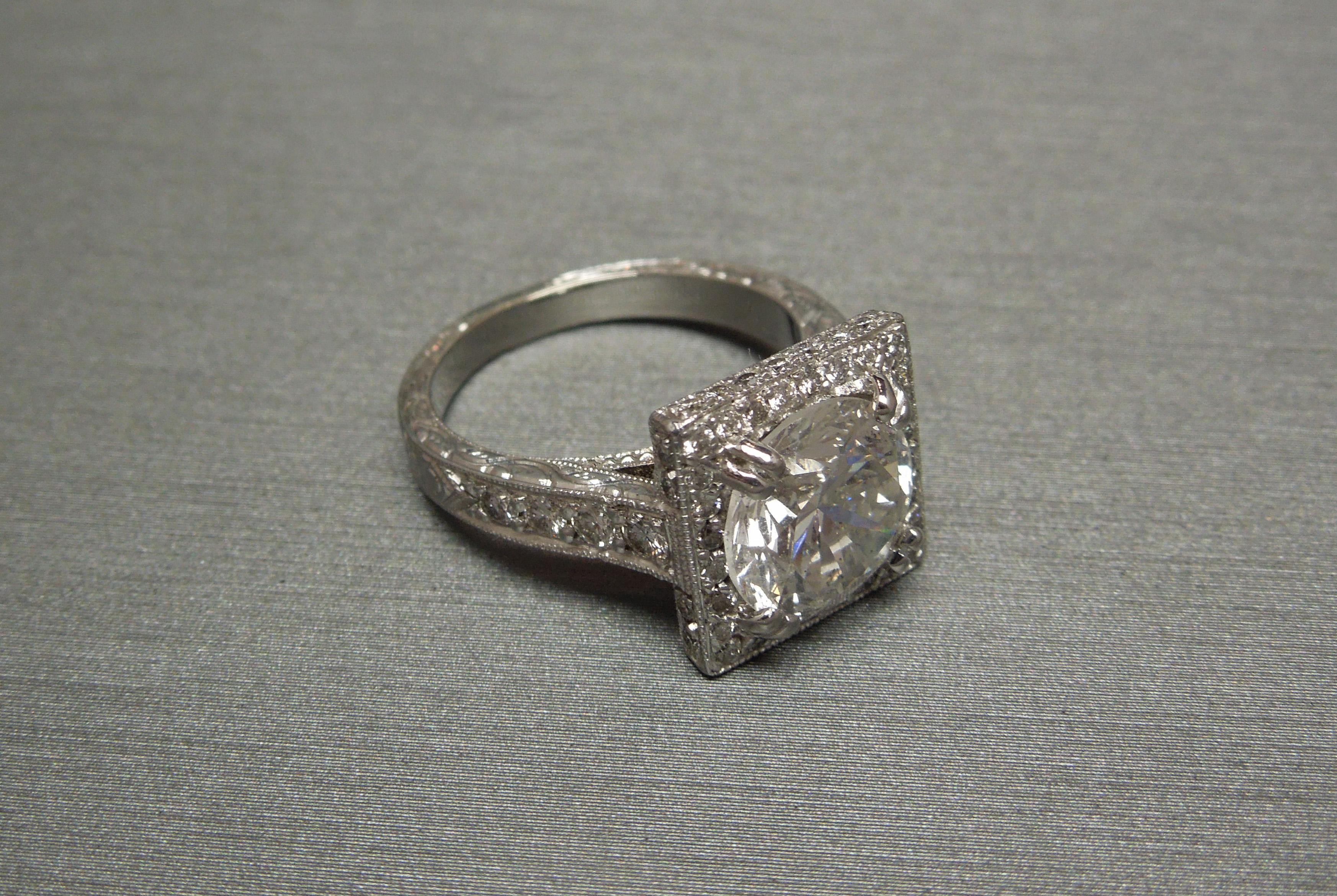 3.22 Carat GIA Diamond Square Halo Ring For Sale 1