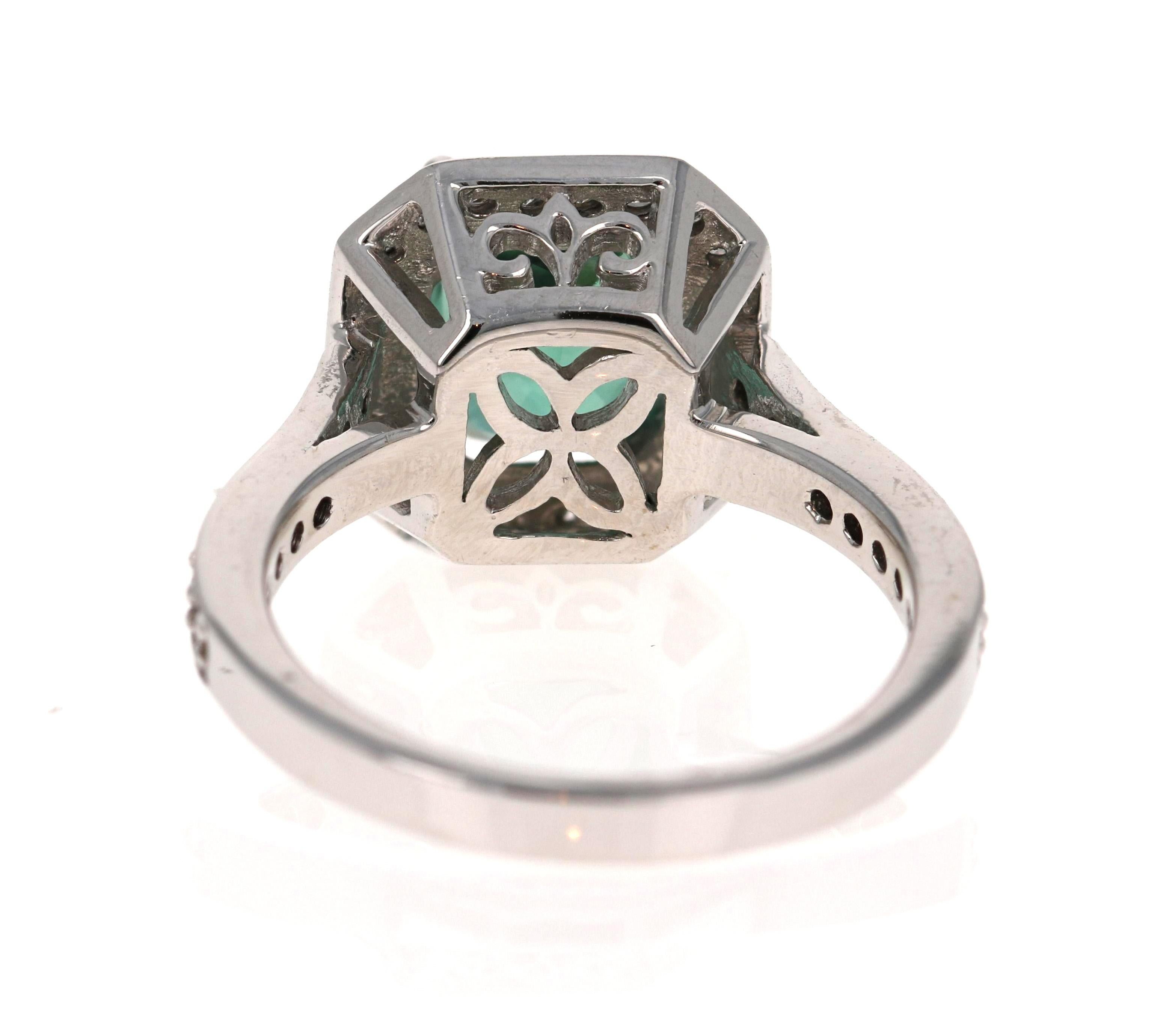 Cushion Cut 3.22 Carat Green Tourmaline Diamond 14 Karat White Gold Engagement Ring