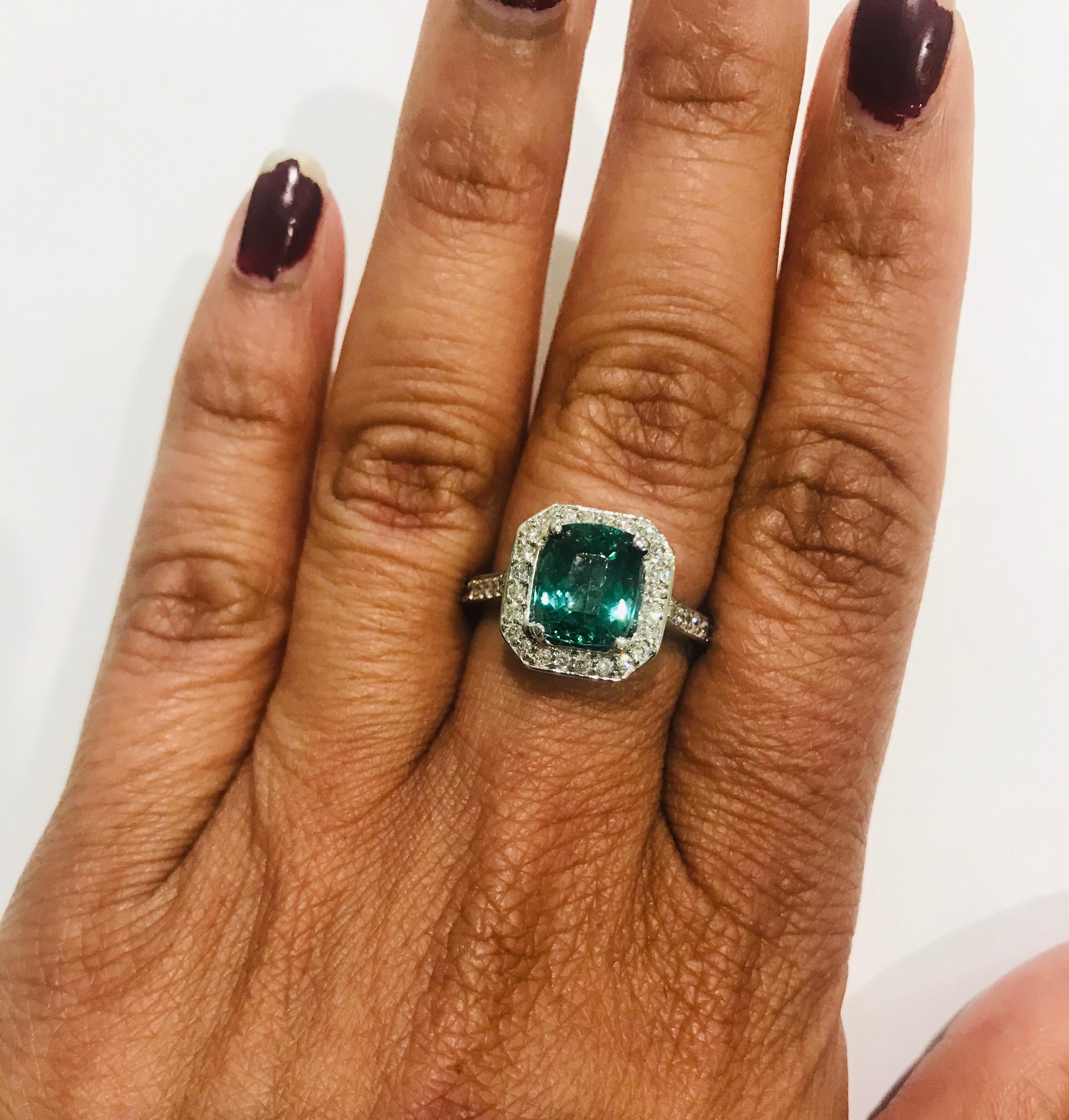3.22 Carat Green Tourmaline Diamond 14 Karat White Gold Engagement Ring In New Condition In Los Angeles, CA