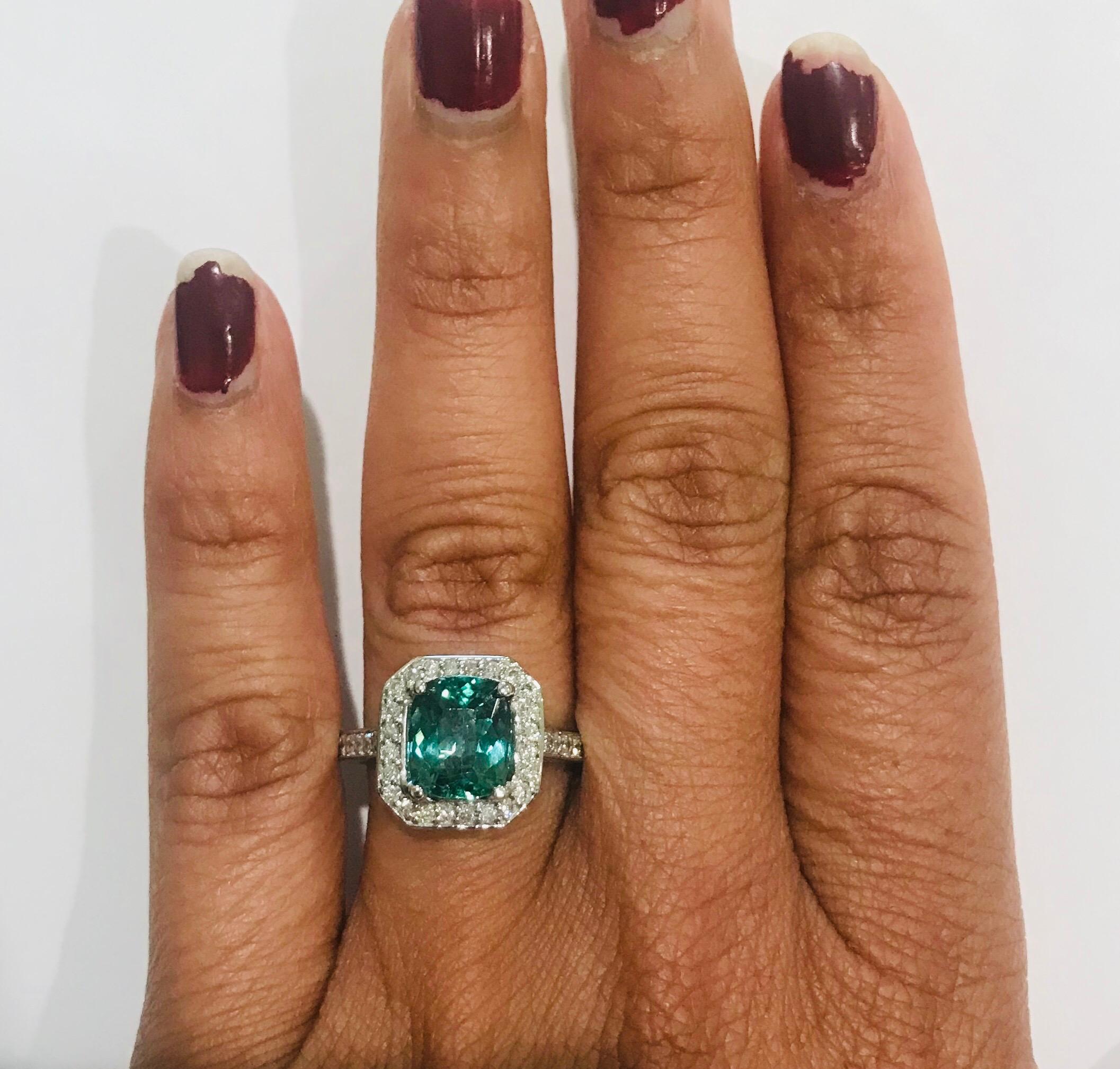 Women's 3.22 Carat Green Tourmaline Diamond 14 Karat White Gold Engagement Ring