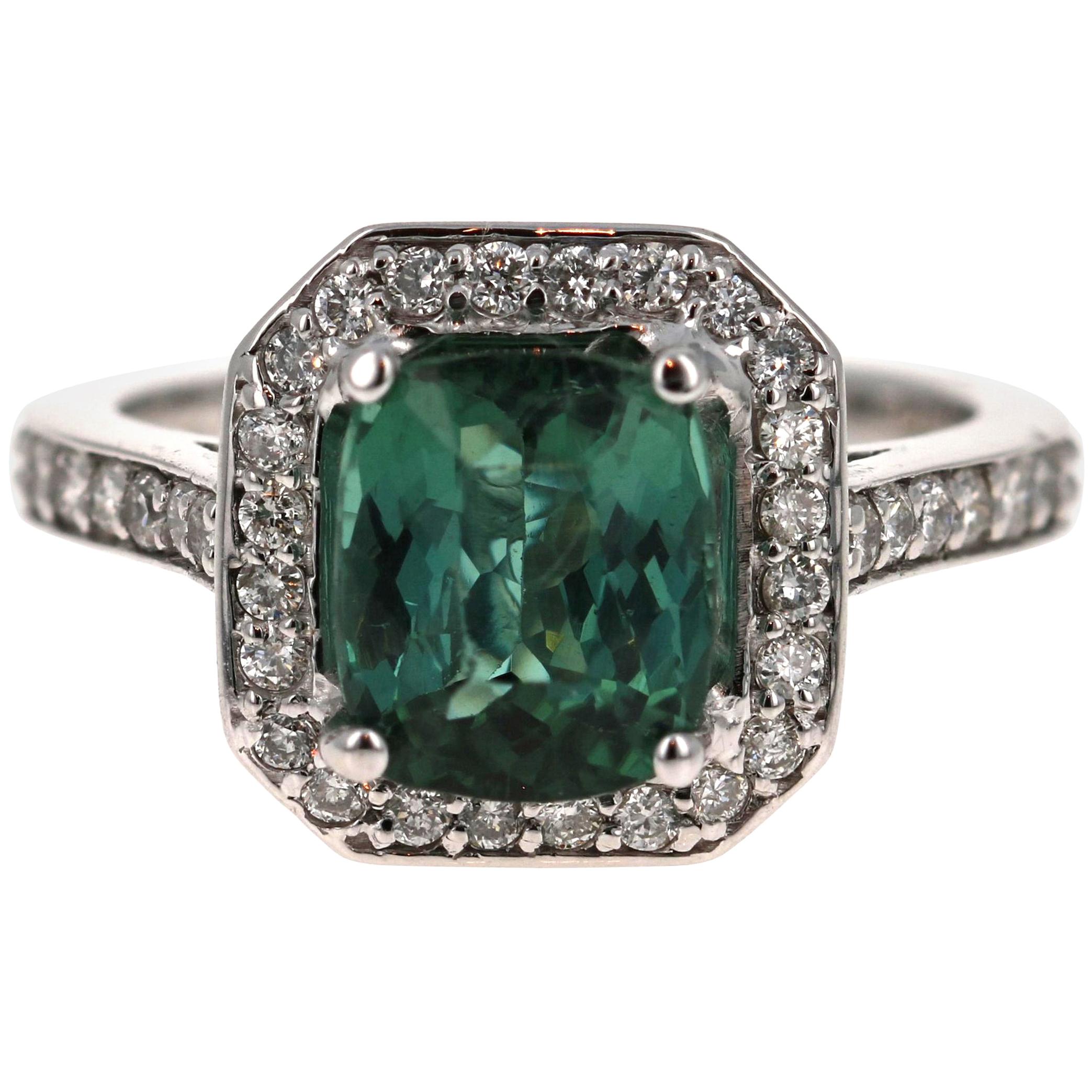3.22 Carat Green Tourmaline Diamond 14 Karat White Gold Engagement Ring