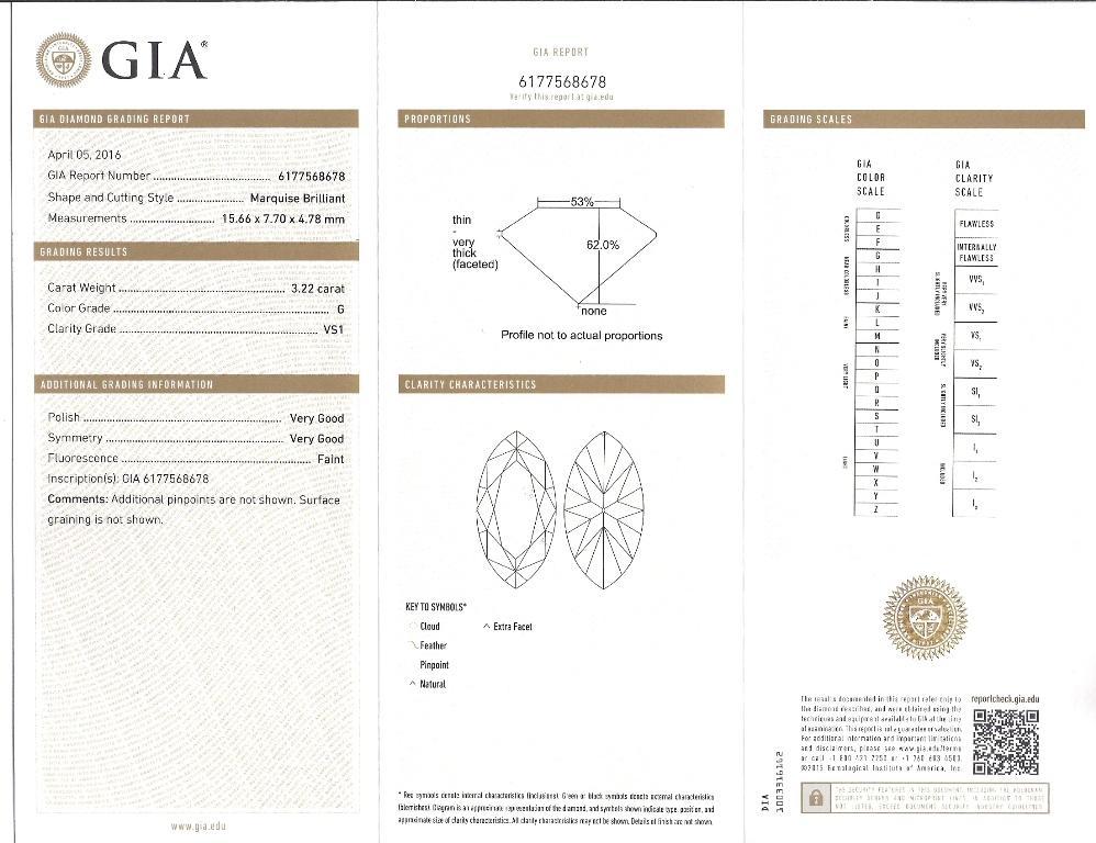 Bague 18 carats avec halo de diamants certifiés GIA, de 3,22 carats, taille marquise G VS1 en vente 7