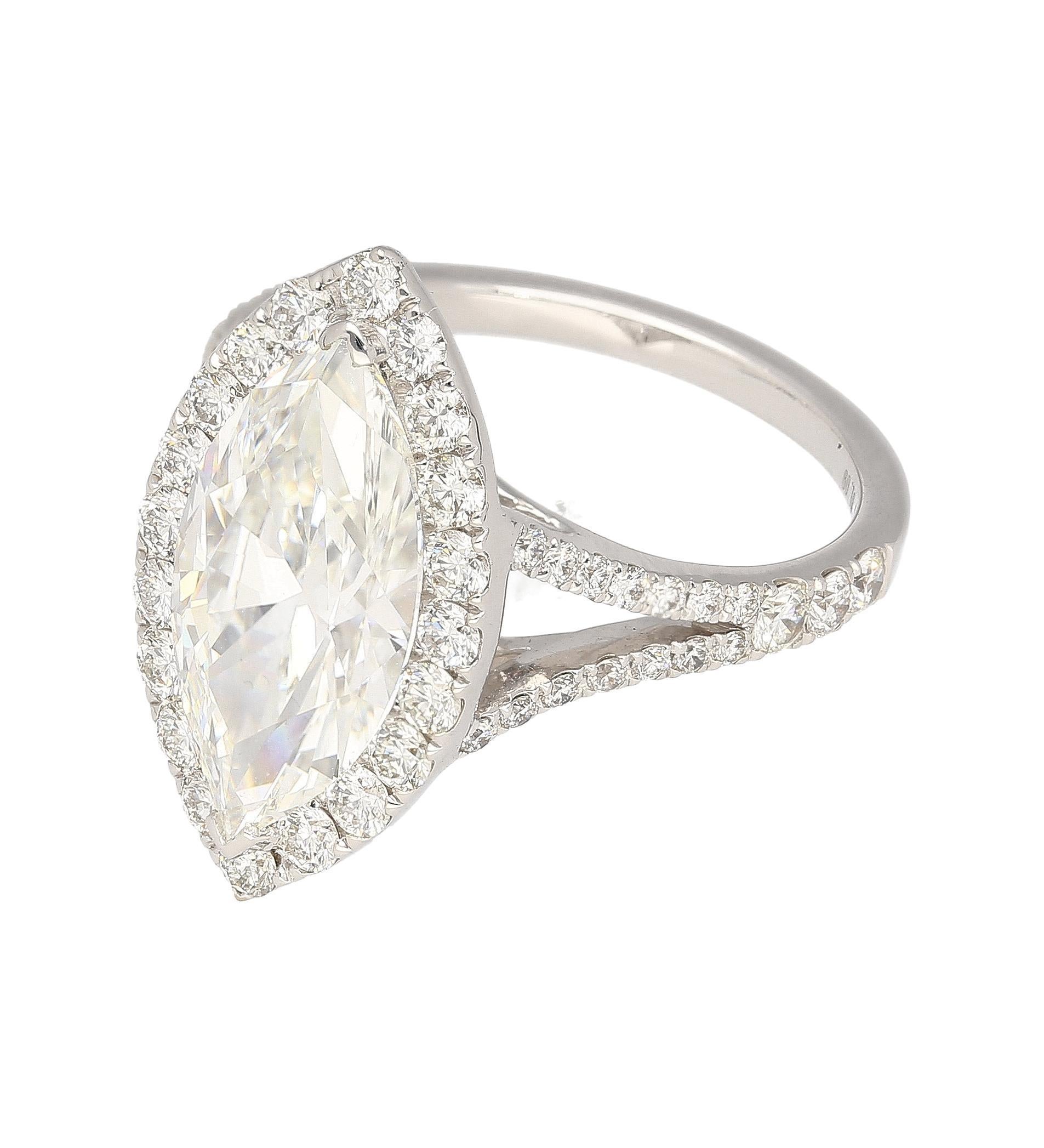 3.22 Carat Marquise Cut G VS1 GIA Certified Diamond Halo Pave 18K Ring For Sale 2