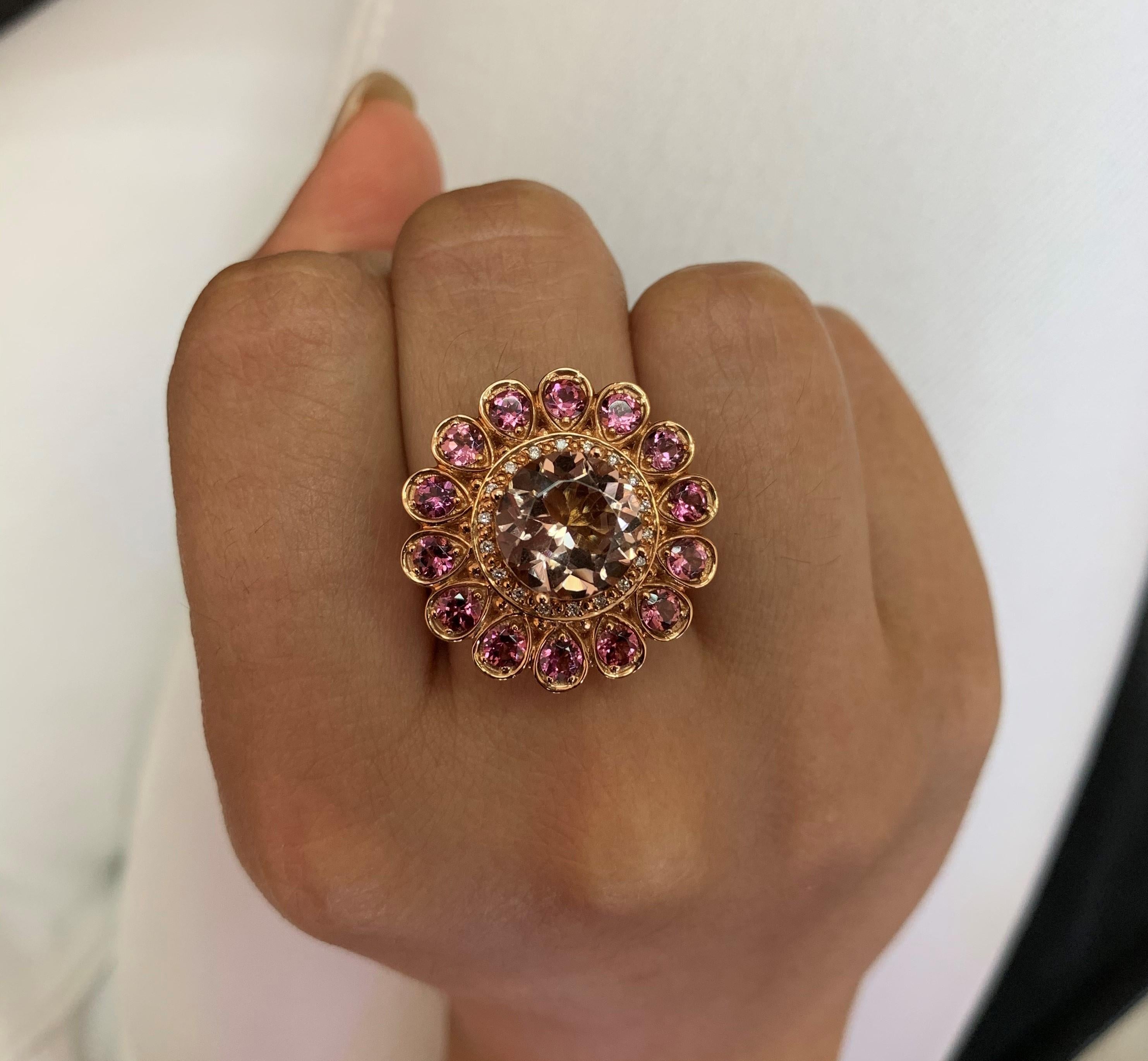 Contemporary 3.22 Carat Morganite, Pink Tourmaline and Diamond Ring in 18 Karat Rose Gold