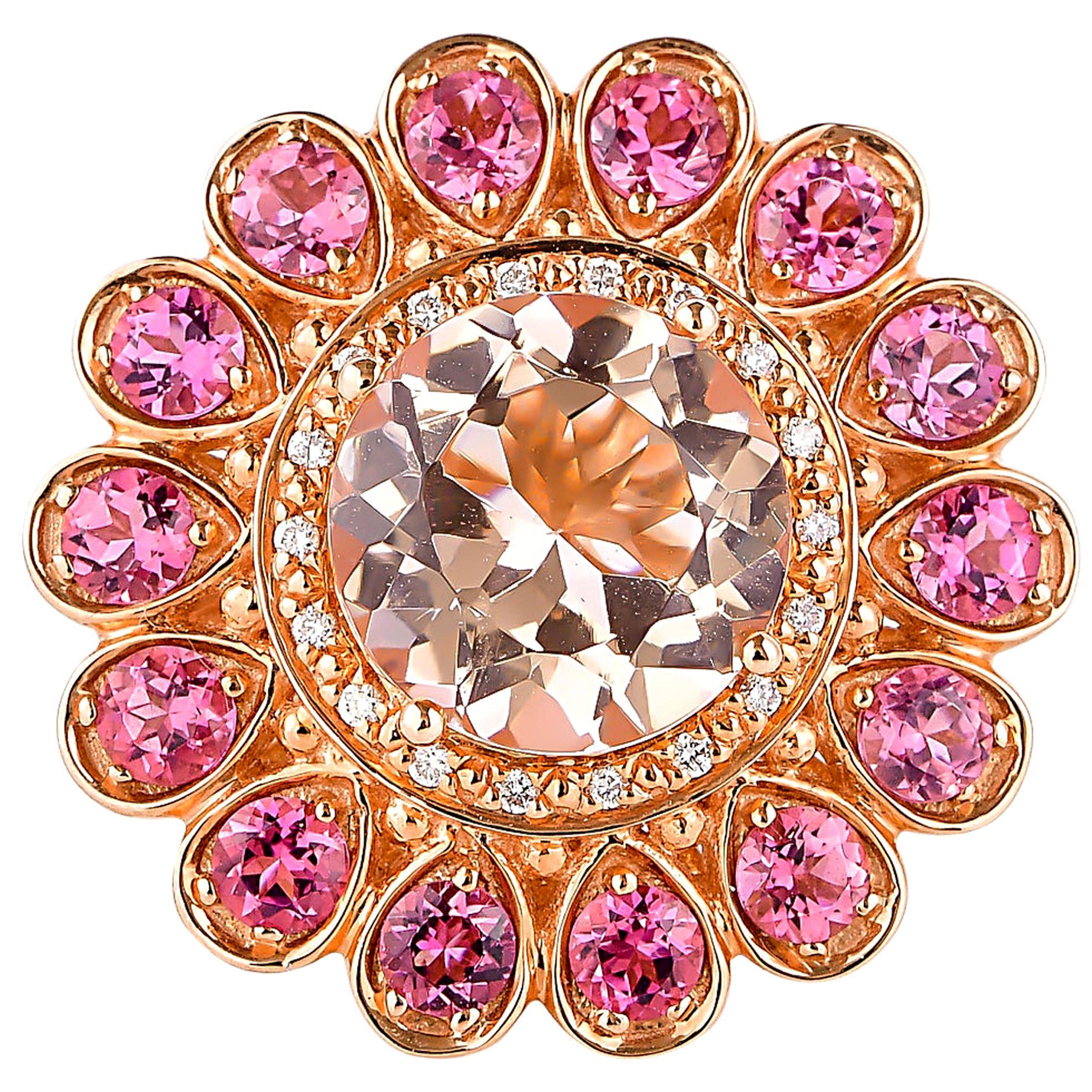 3.22 Carat Morganite, Pink Tourmaline and Diamond Ring in 18 Karat Rose Gold