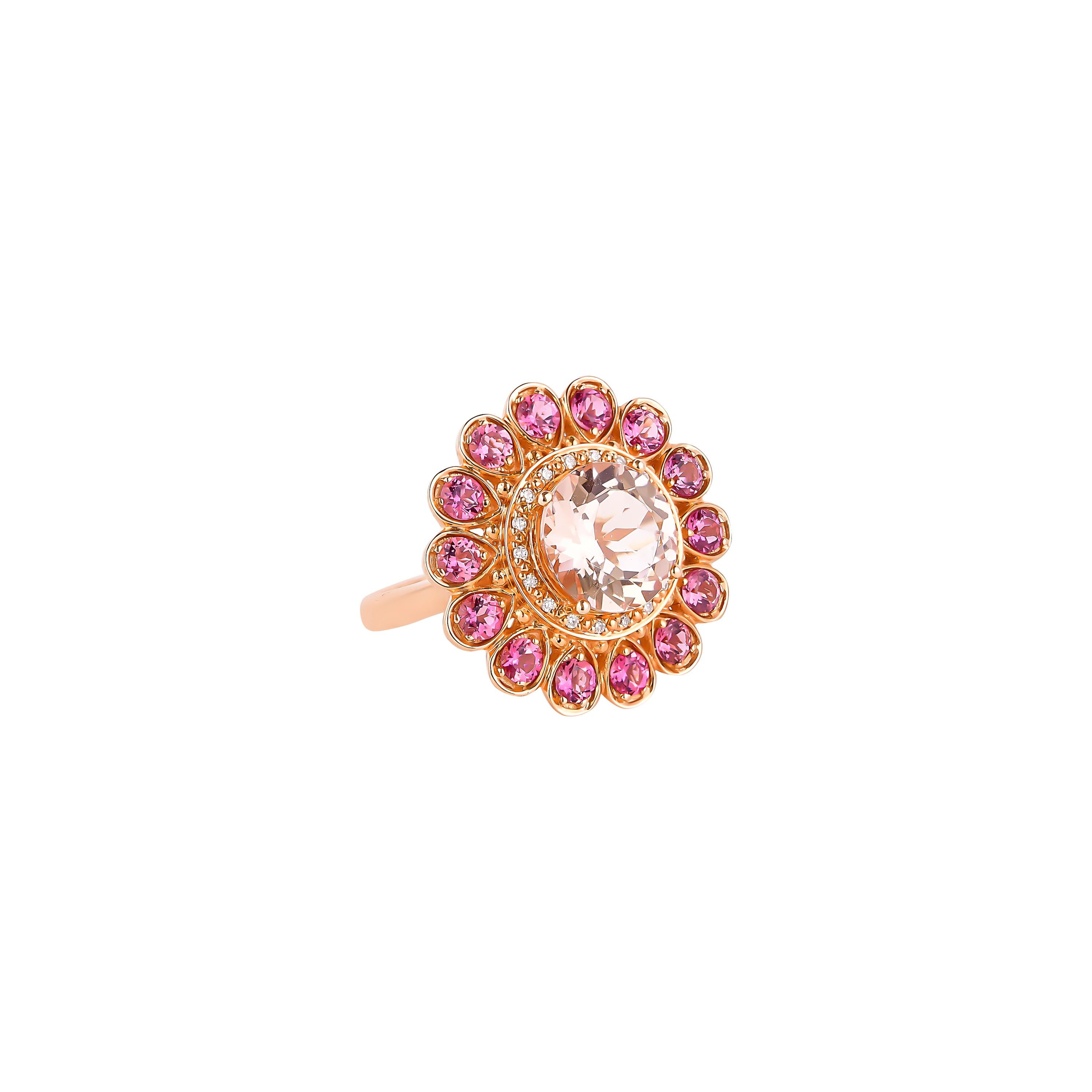 This collection features an array of magnificent morganites! Accented with diamonds these rings are made in rose gold and present a classic yet elegant look. 

Classic morganite ring in 18K rose gold with diamonds. 

Morganite: 3.22 carat round