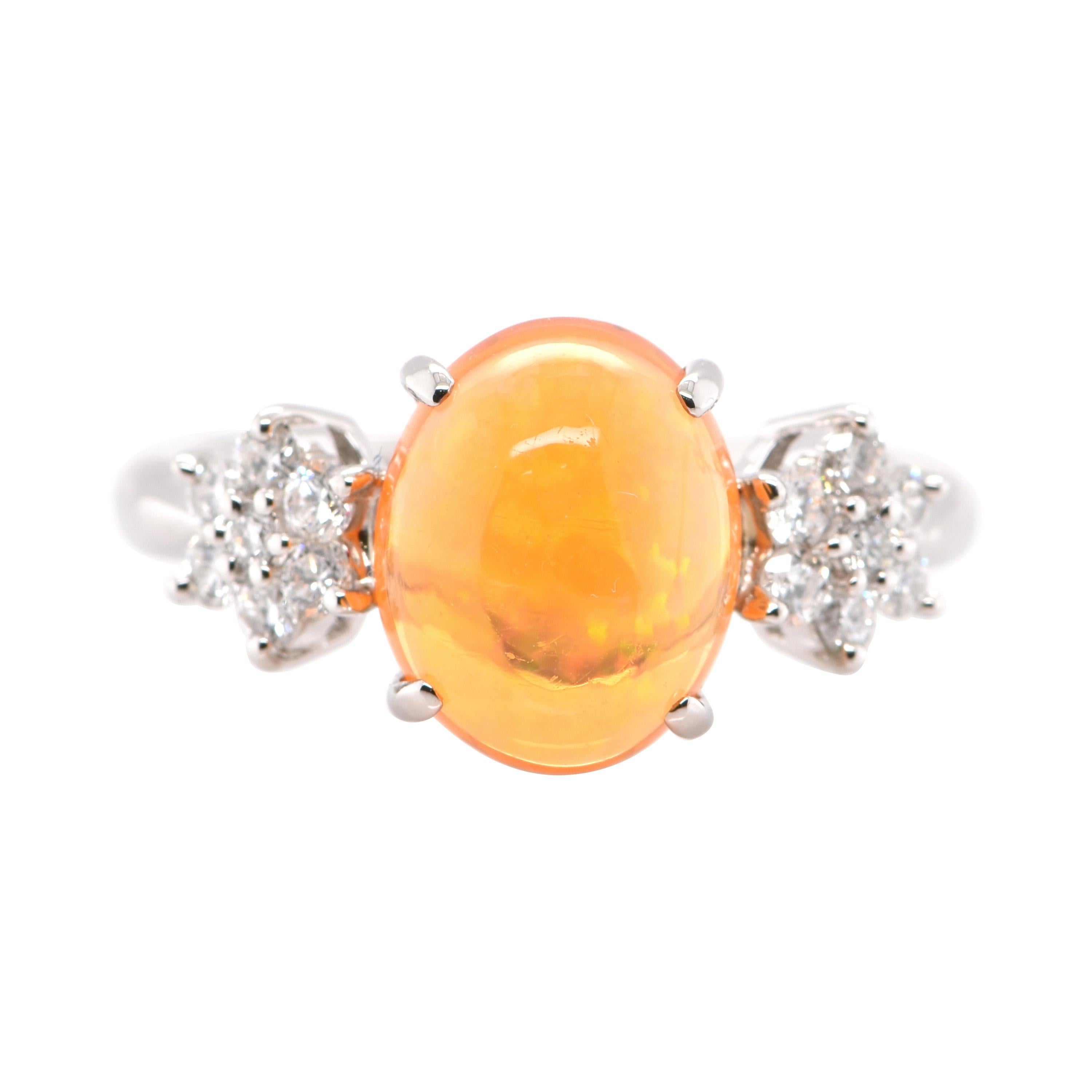 3.22 Carat Natural Mexico Fire Opal and Diamond Ring Set in Platinum