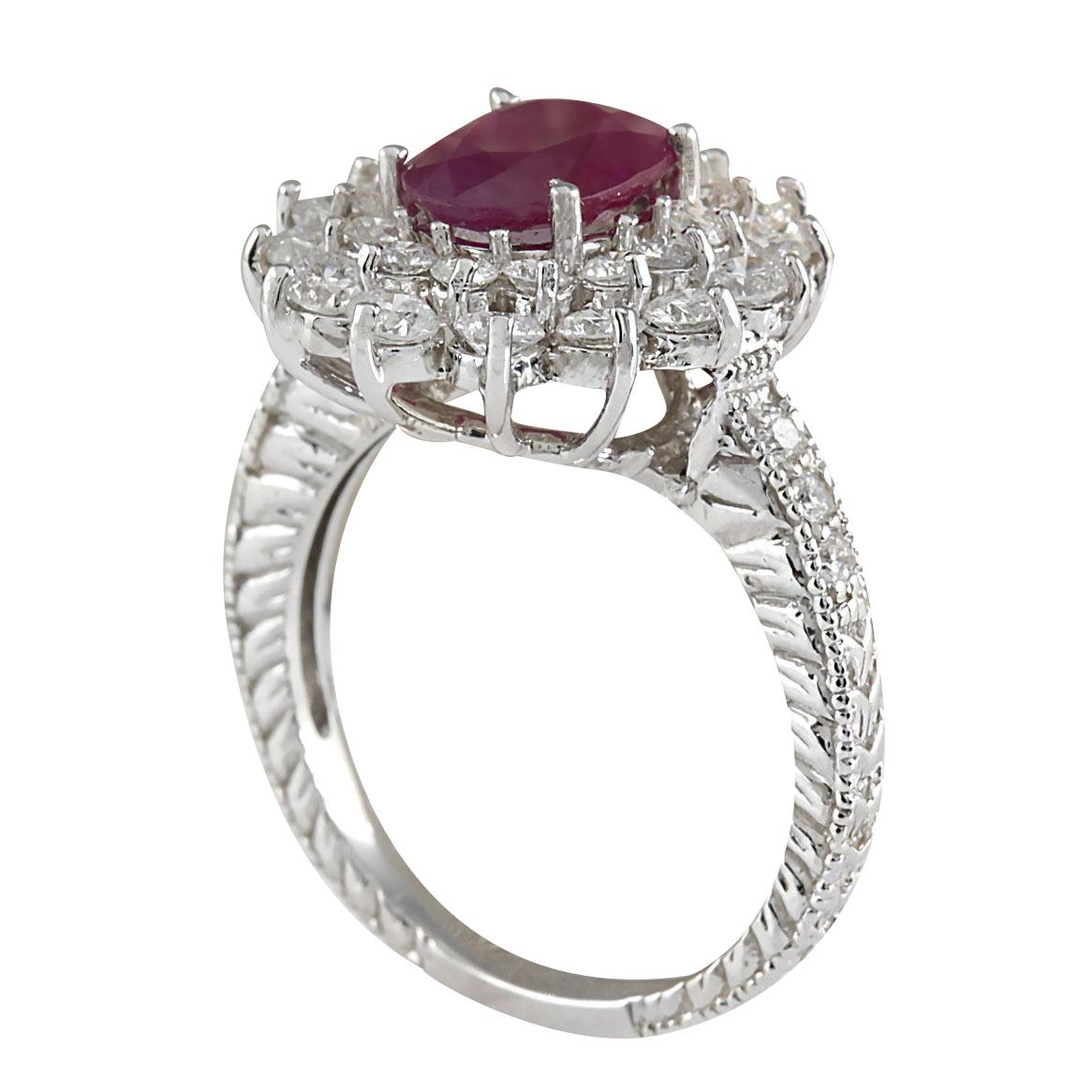 Oval Cut Ruby Diamond Ring In 14 Karat White Gold  For Sale