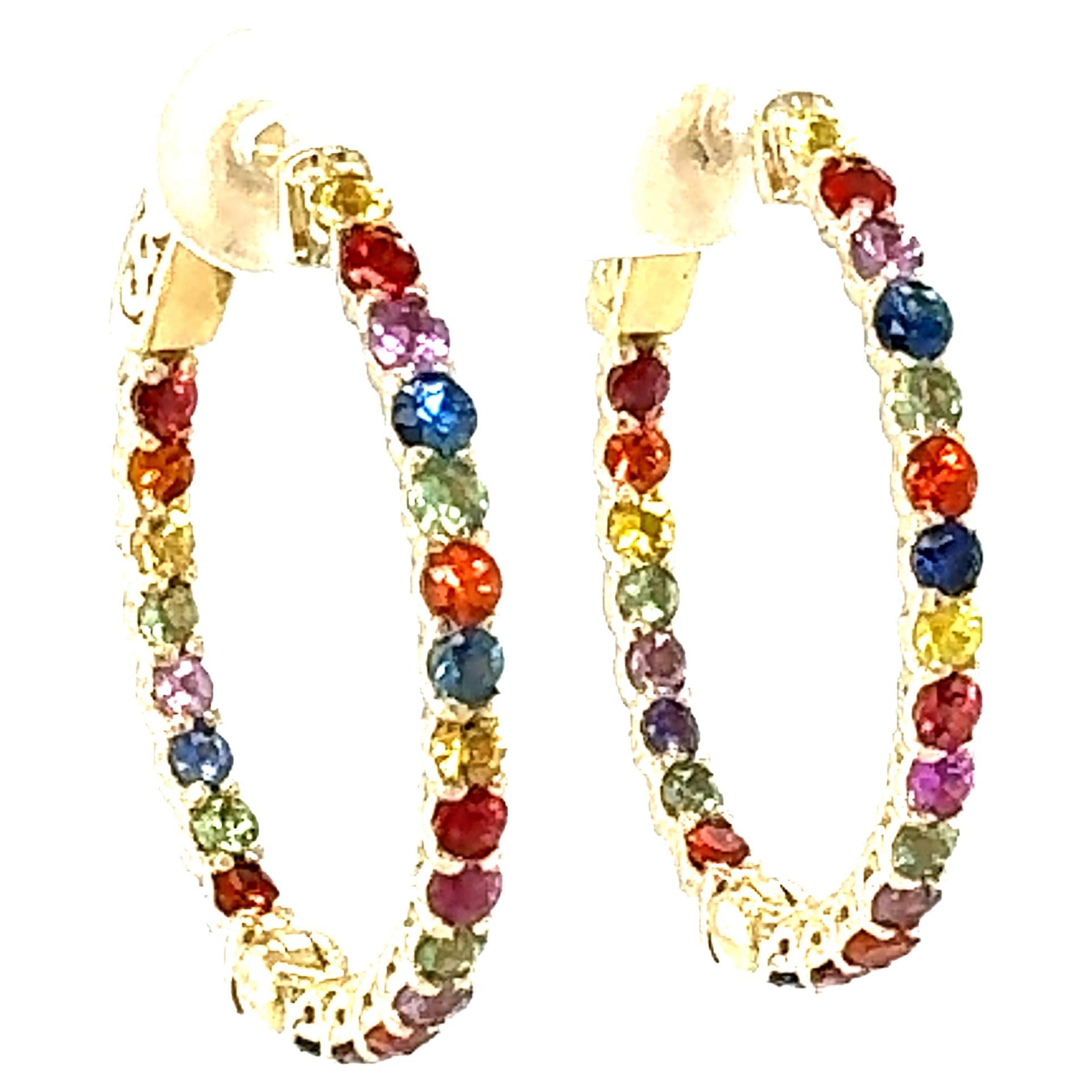 3.22 Carat Rainbow Sapphire Yellow Gold Hoop Earrings