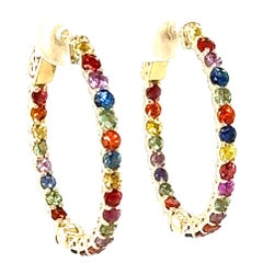 3.22 Carat Rainbow Sapphire Yellow Gold Hoop Earrings