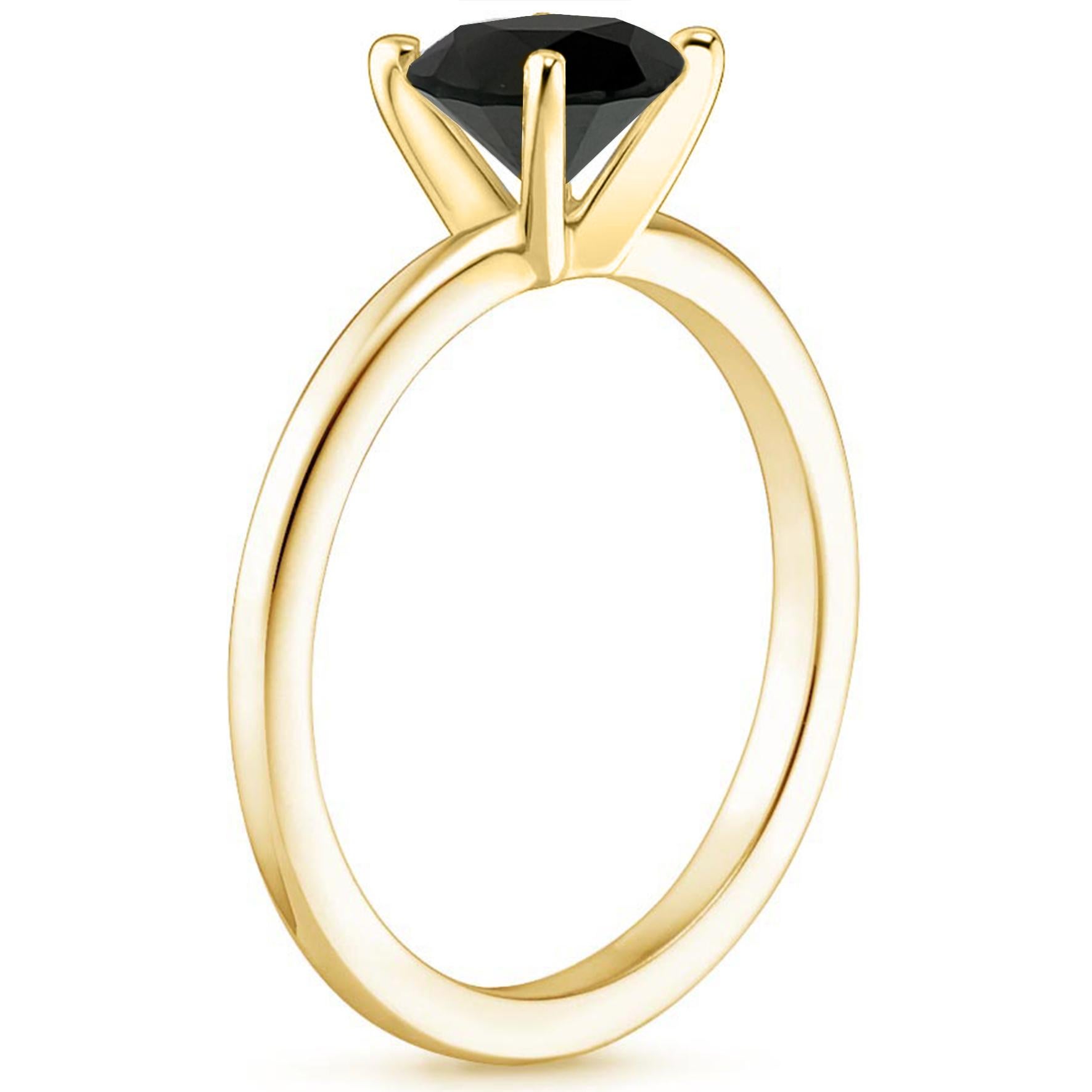 Finely crafted and custom made in brightly polished 14K Yellow Gold, this spectacular engagement ring features a fine black diamond which  and weighs 3.22 carats. This center stone measures 8.50 x 8.61 x 6.40 mm and is set atop a smooth band. The