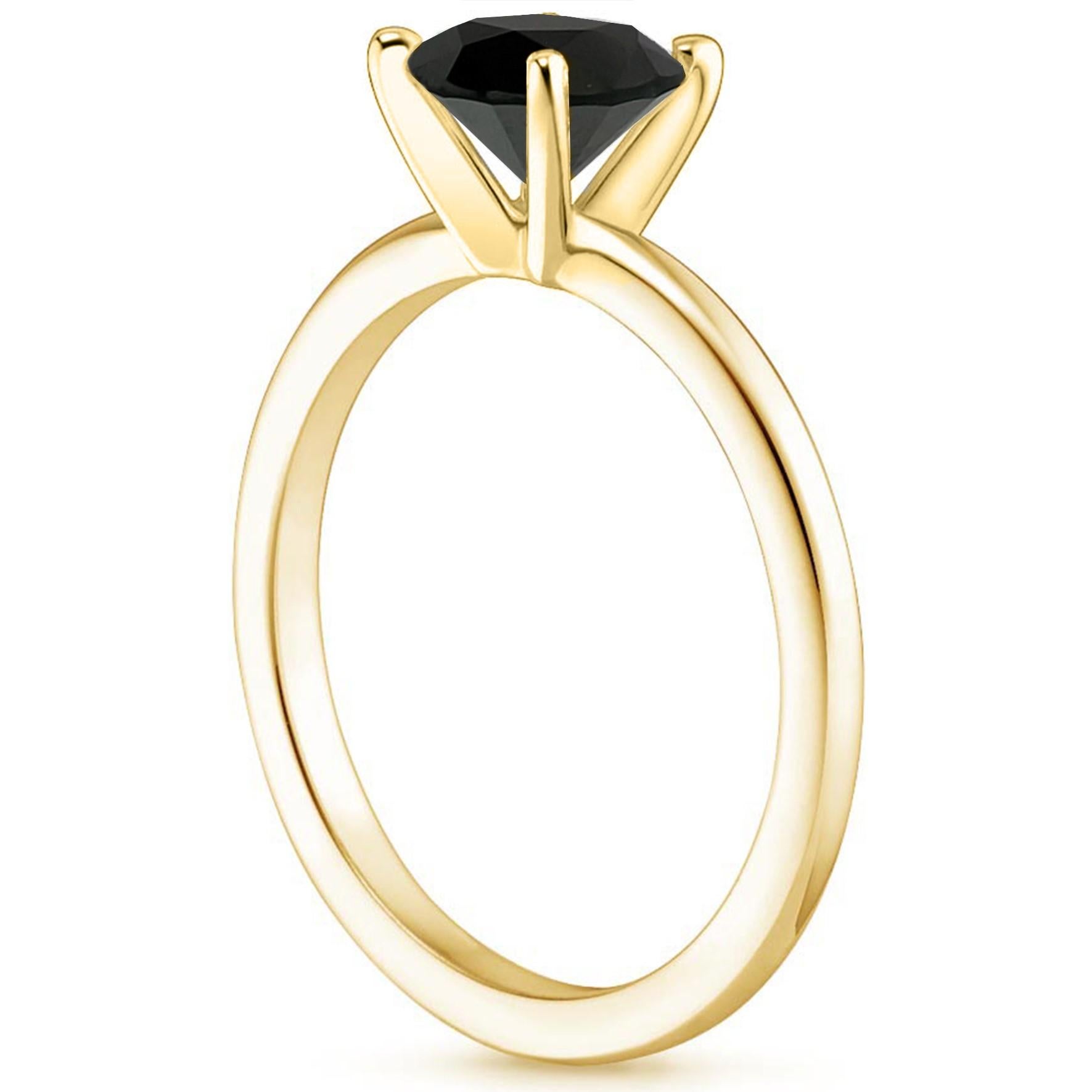 Contemporary 3.22 Carat Round Black Diamond Solitaire Ring in 14K Yellow Gold For Sale
