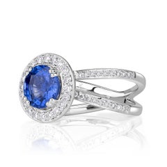 3.22 Carat Round Brilliant Diamond Ring Royal Blue Sapphire 14K White Gold