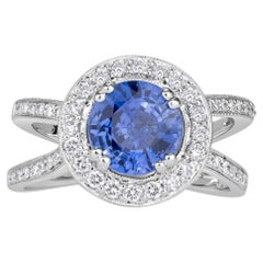 3.22 Carat Round Brilliant Diamond Ring Royal Blue Sapphire 14K White Gold