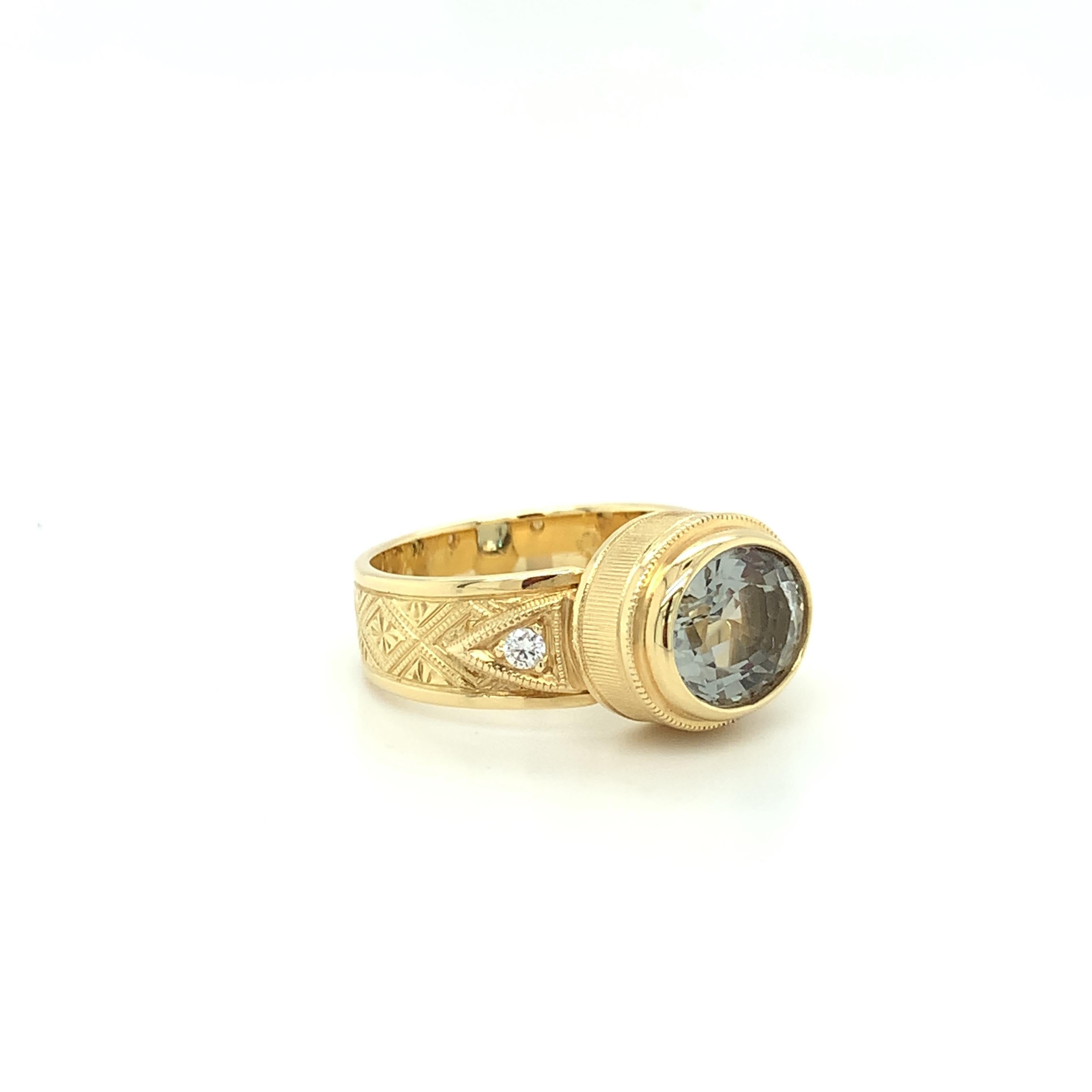 Oval Cut 3.22 Carat Silver Gray Natural Topaz, Yellow Gold Engraved Bezel Set Band Ring