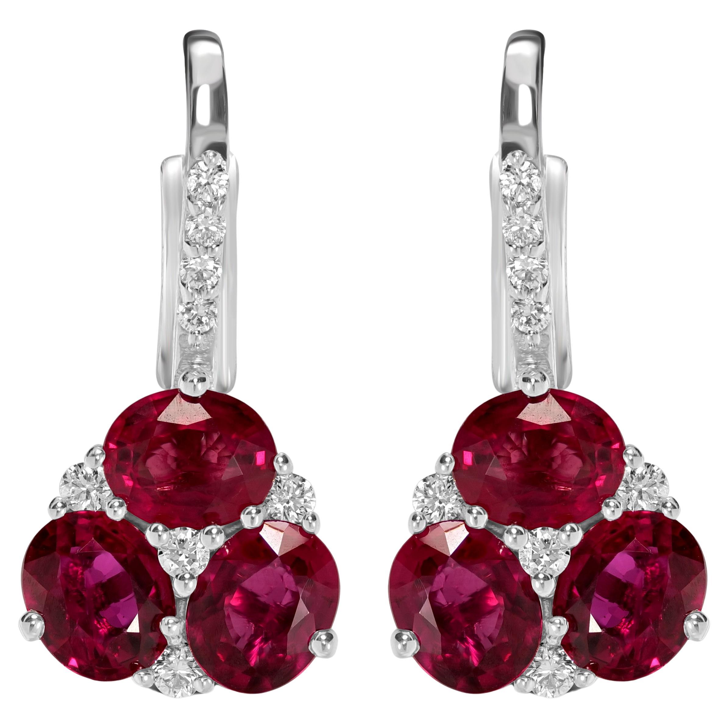 3.22 Carats Ruby and Diamond Drop Earrings in 18k White Gold For Sale