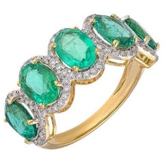 3.22 Cts. Natural Emerald Diamond Eternity Band 18k Yellow Gold Diamond Halo