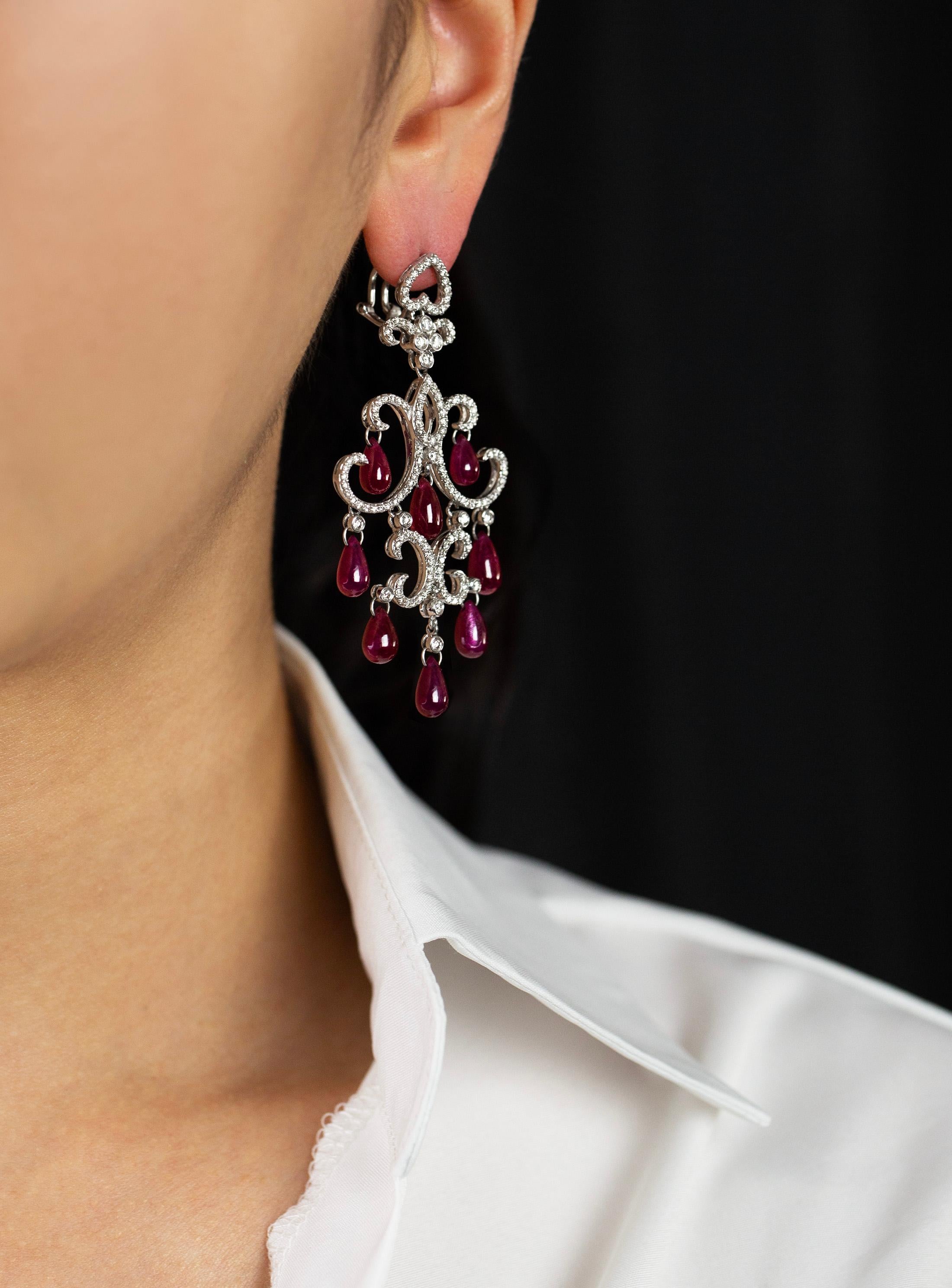 Contemporary 32.20 Carats Briolette Shape Rubies with Round Diamonds Chandelier Earrings For Sale