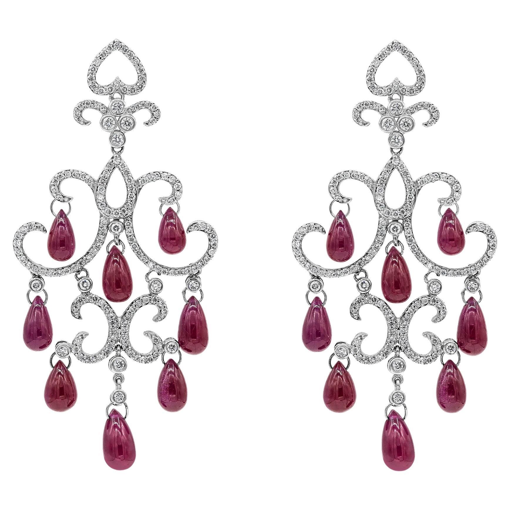 32.20 Carats Briolette Shape Rubies with Round Diamonds Chandelier Earrings For Sale