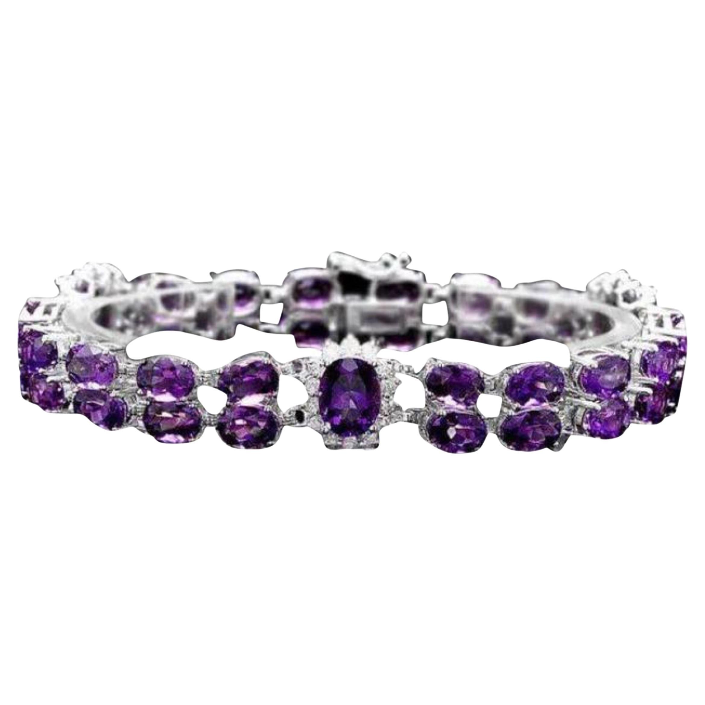 32.20 Natural Amethyst and Diamond 14K Solid White Gold Bracelet
