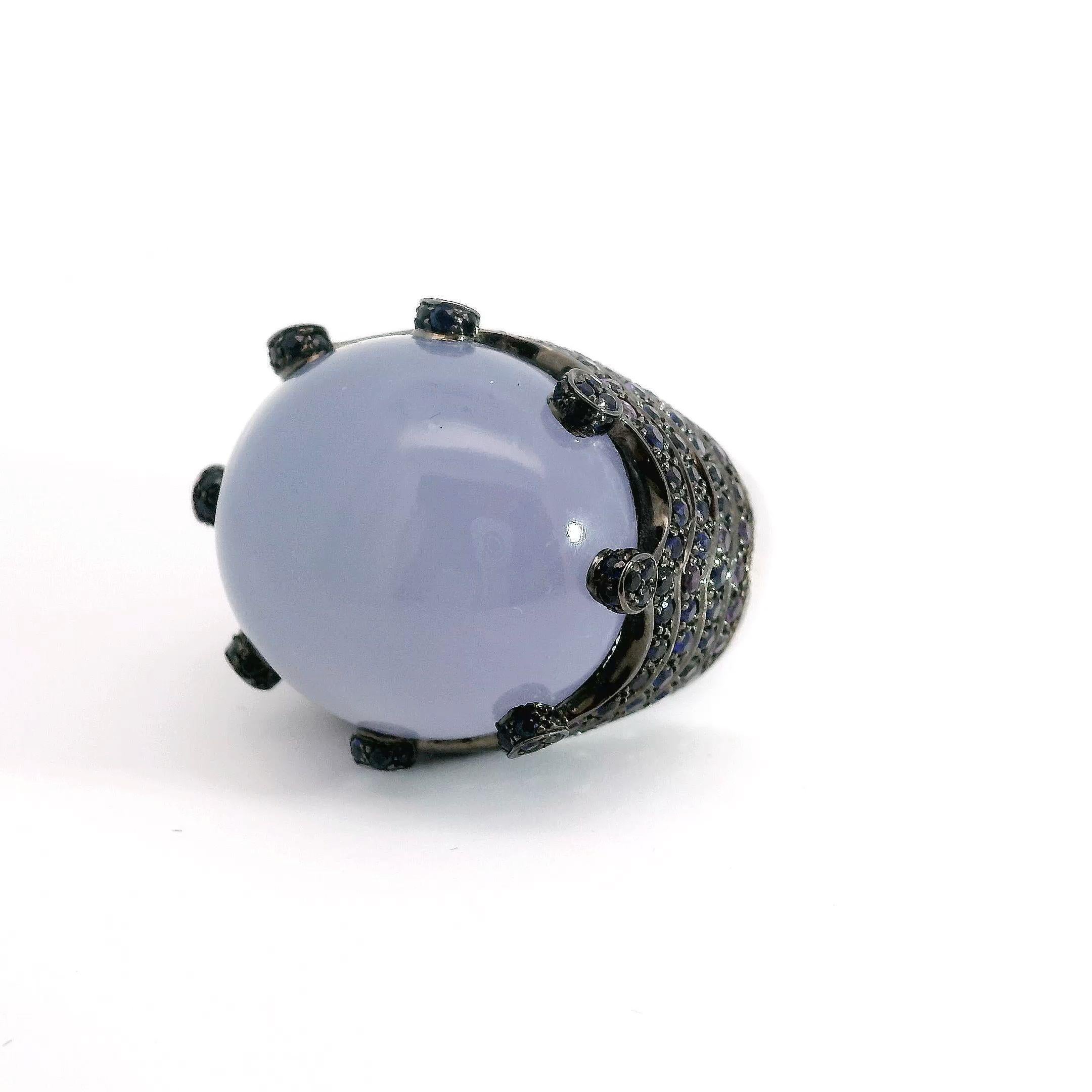 Cabochon 32.23 Carat Chalcedony Crown Ring with Sapphire and Amethyst For Sale
