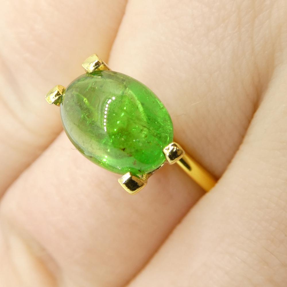 Description:

Gem Type: Tsavorite Garnet 
Number of Stones: 1
Weight: 3.22 cts
Measurements: 9.90 x 7.41 x 5.01 mm
Shape: Oval
Cutting Style Crown: 
Cutting Style Pavilion:  
Transparency: Transparent
Clarity: Moderately Included: Inclusions easily