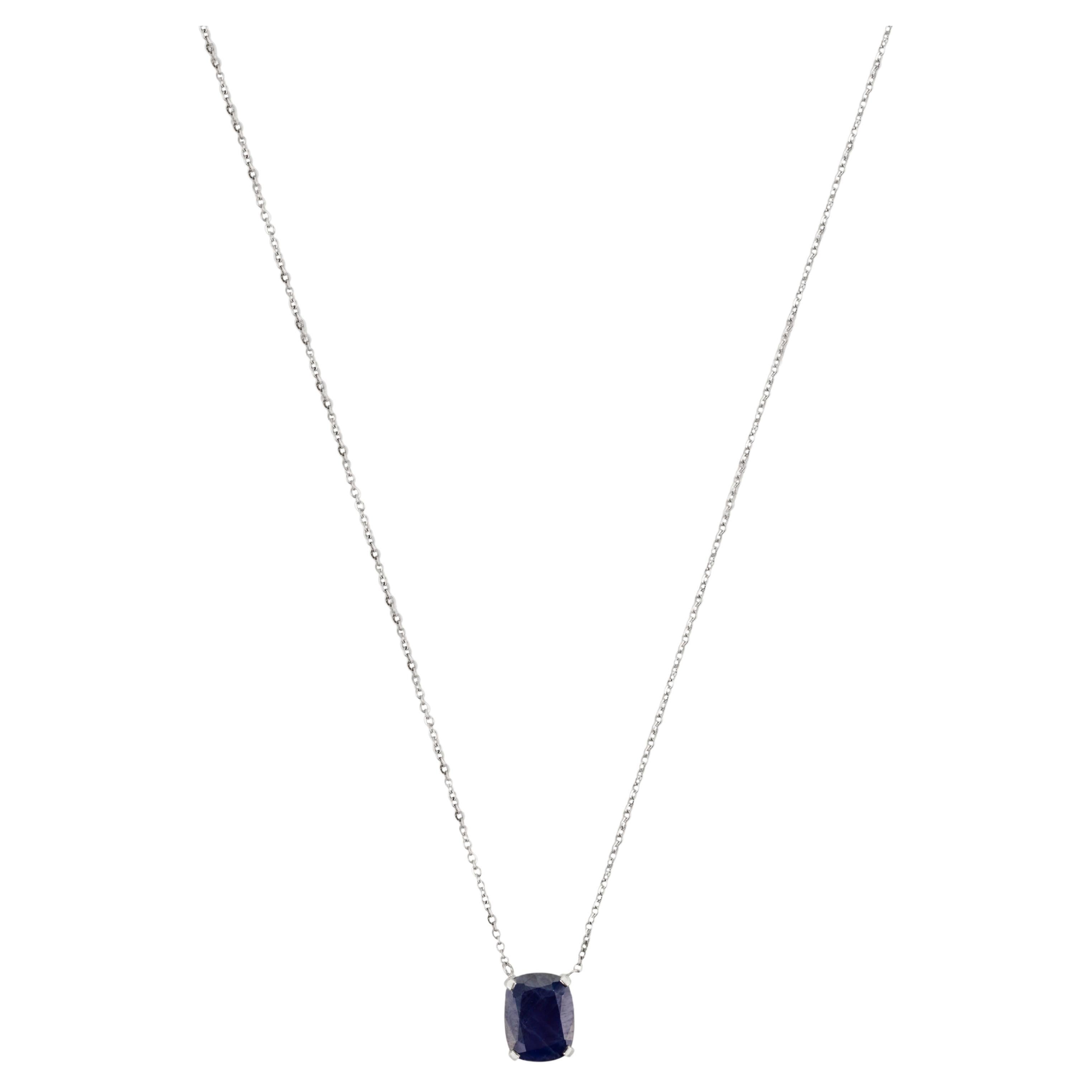 Modernist 3.22cts Octagon Cut Blue Sapphire Pendant Necklace with Chain in 18K White Gold For Sale