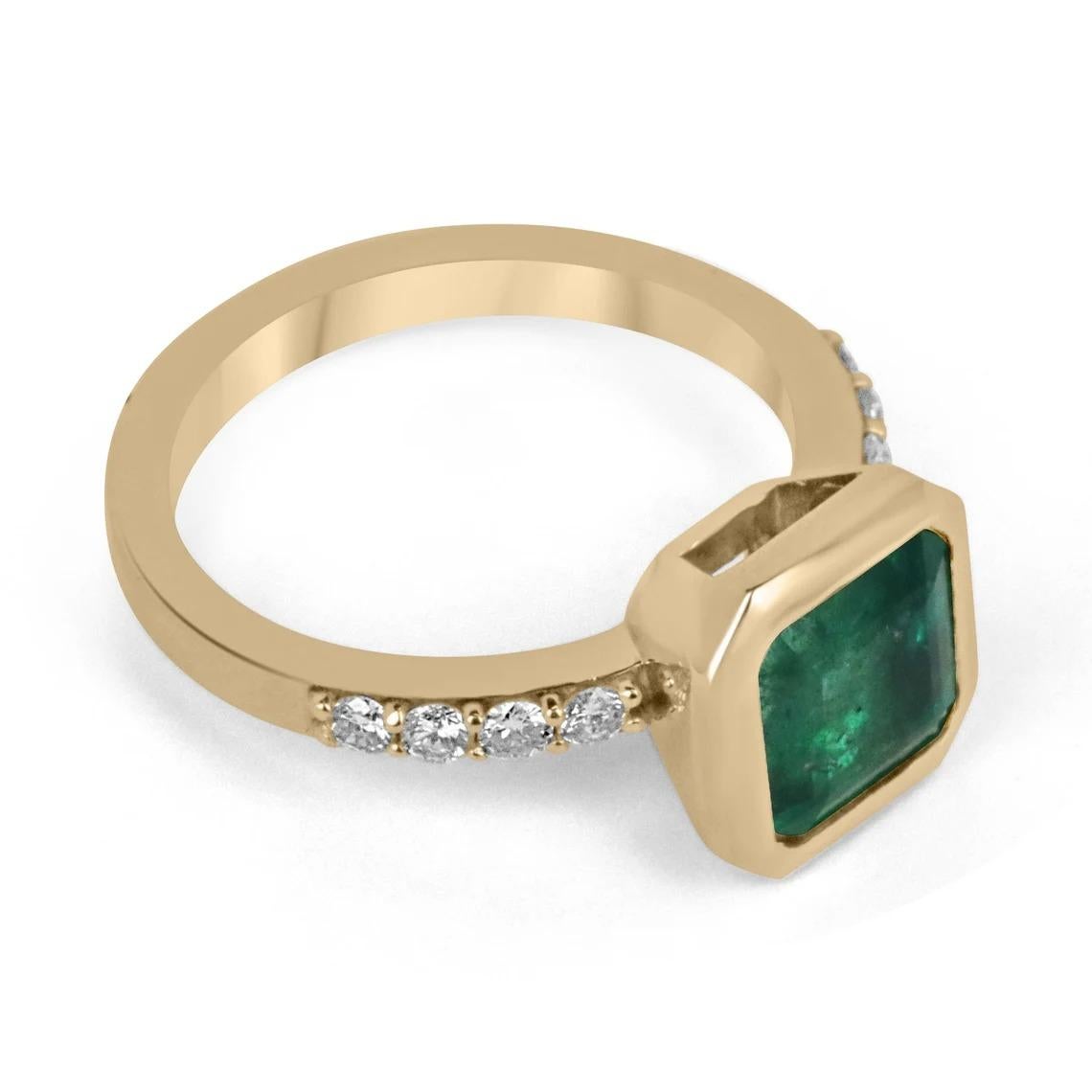 A remarkable emerald and diamond solitaire with accents engagement or right-hand ring. The center stone showcases a natural emerald with lush dark green color and good clarity. Minor natural internal inclusions are common in all earth-mined gems and
