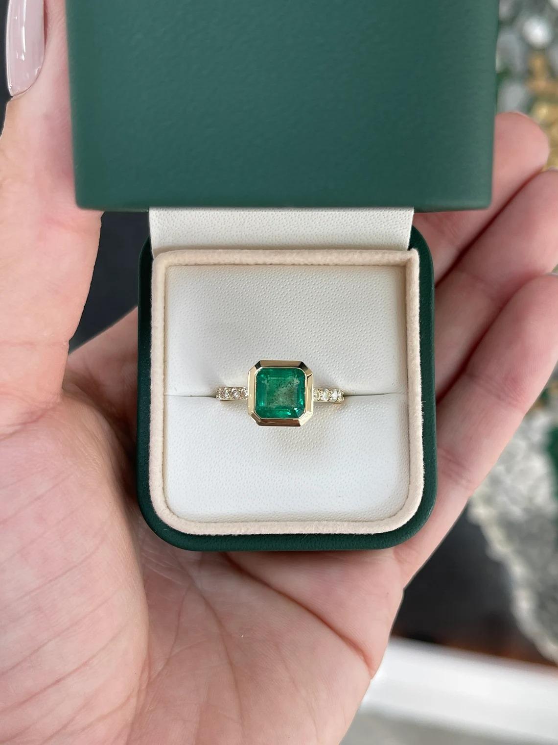 3.22tcw 14K Bezel Emerald Asscher & Diamond Accent Shank Right Hand Gold Ring For Sale 2