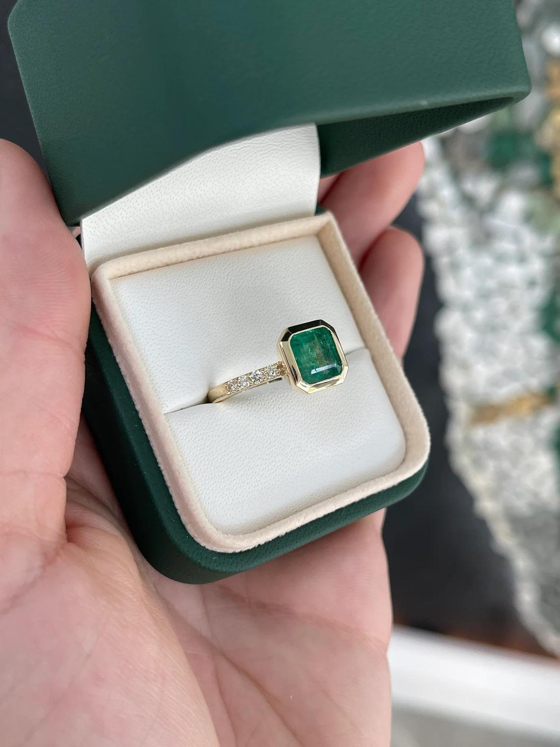 3.22tcw 14K Bezel Emerald Asscher & Diamond Accent Shank Right Hand Gold Ring For Sale 3