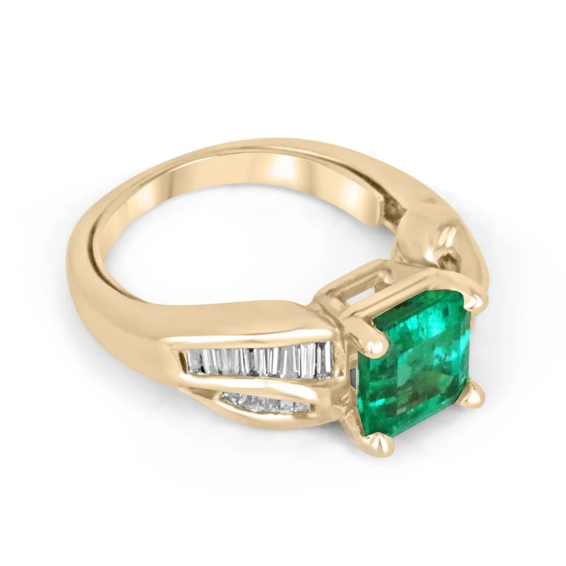 Celebrate the love of a lifetime with this captivating emerald and diamond engagement ring. At its center lies a mesmerizing 2.82-carat pure Colombian emerald, radiating an enchanting electric green color that captivates the heart. With remarkable