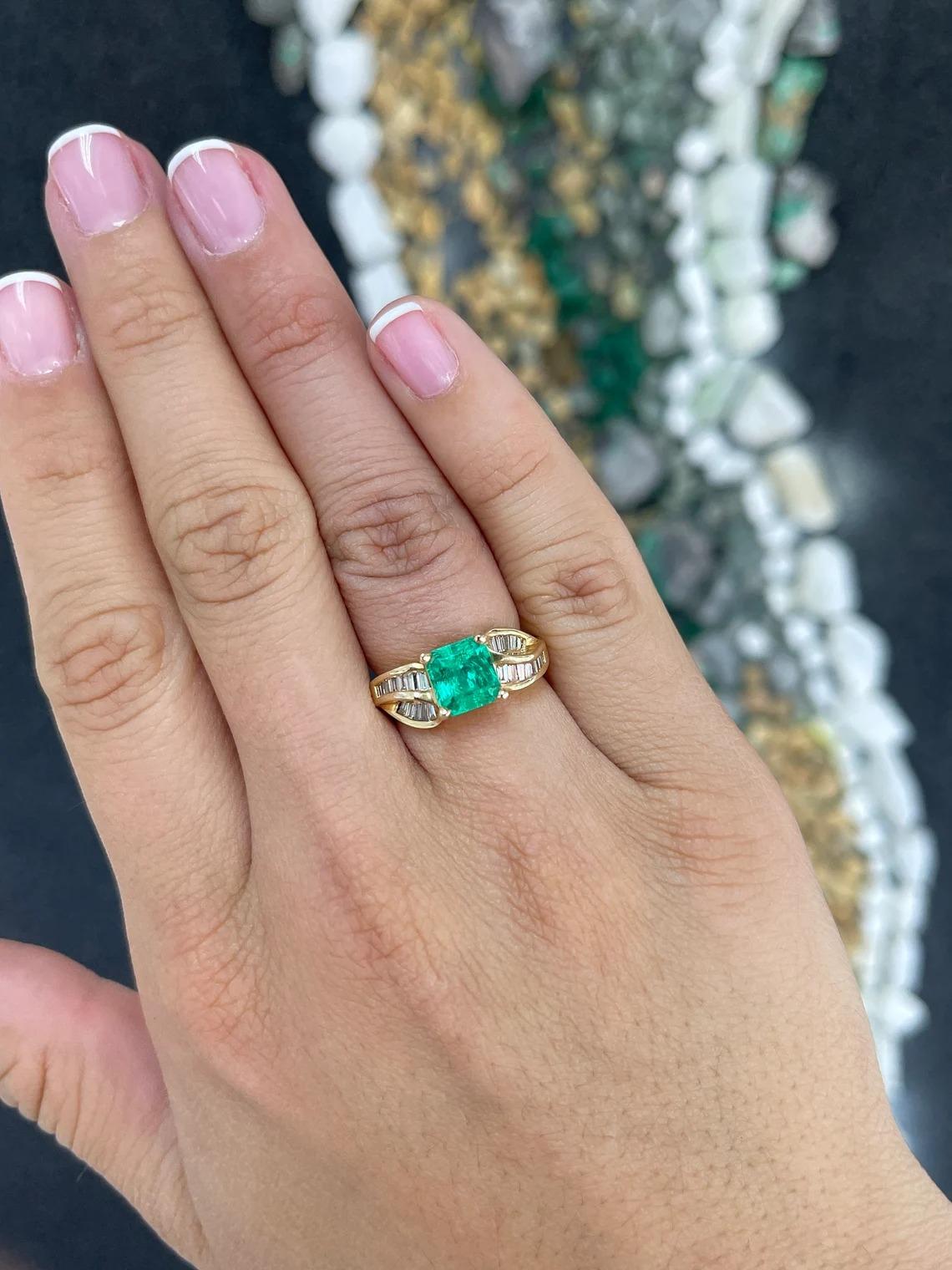 3.22tcw 14K Vivid Electric Green Colombian Asscher Cut Emerald & Diamond Ring In New Condition For Sale In Jupiter, FL