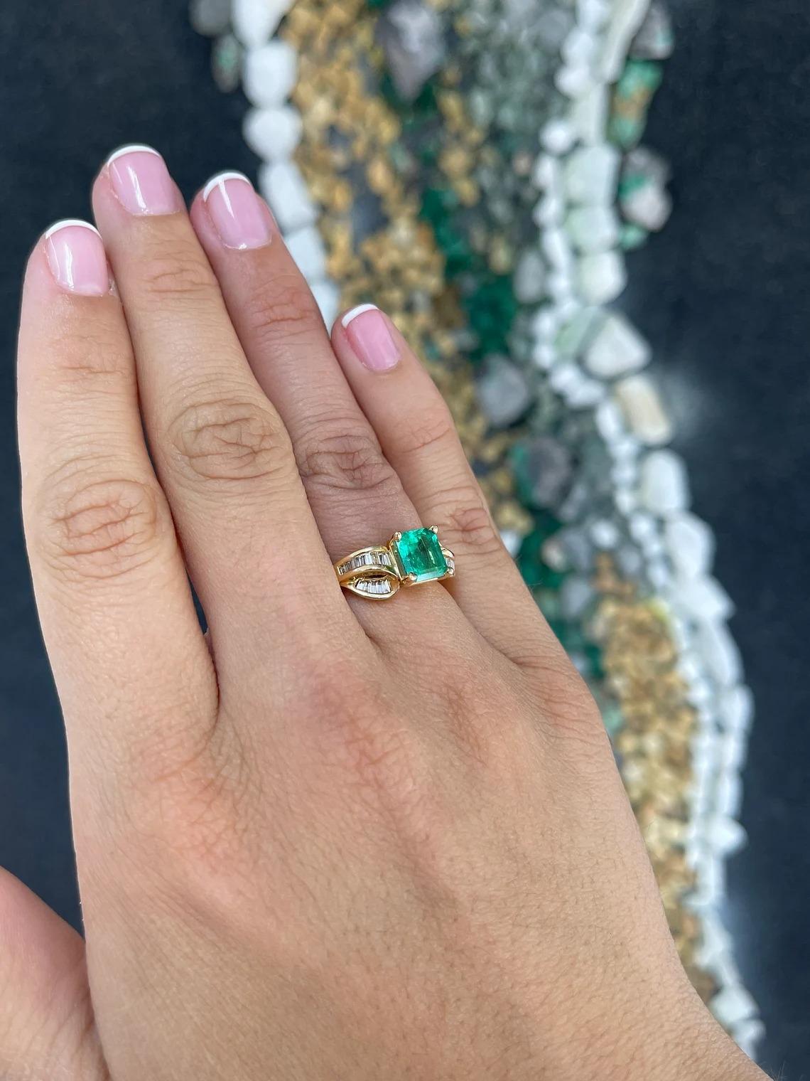 Women's 3.22tcw 14K Vivid Electric Green Colombian Asscher Cut Emerald & Diamond Ring For Sale