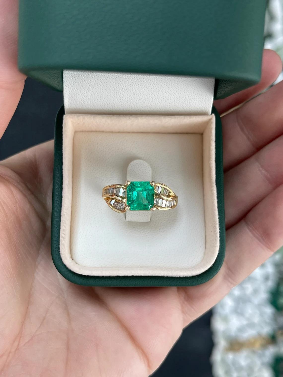 3.22tcw 14K Vivid Electric Green Colombian Asscher Cut Emerald & Diamond Ring For Sale 2