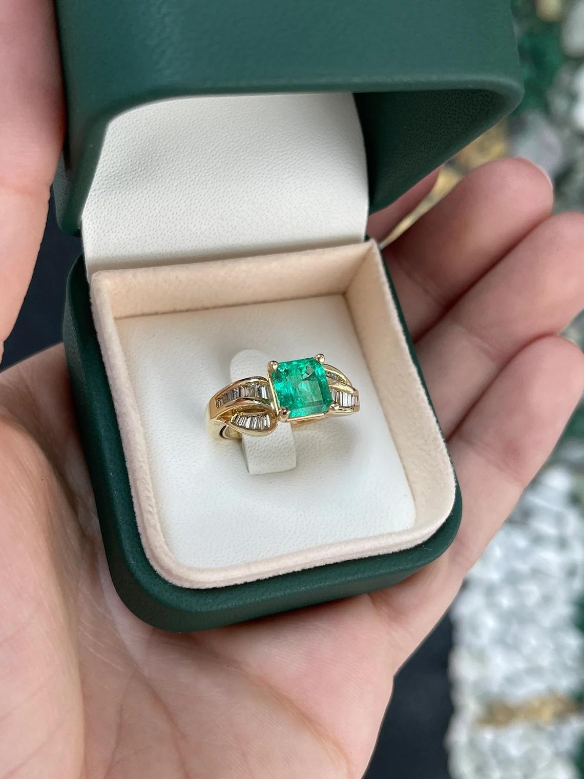3.22tcw 14K Vivid Electric Green Colombian Asscher Cut Emerald & Diamond Ring For Sale 3