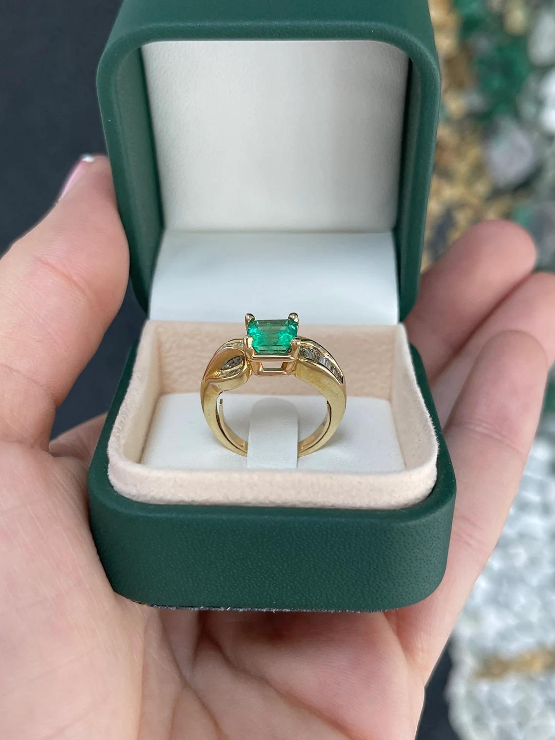 3.22tcw 14K Vivid Electric Green Colombian Asscher Cut Emerald & Diamond Ring For Sale 4