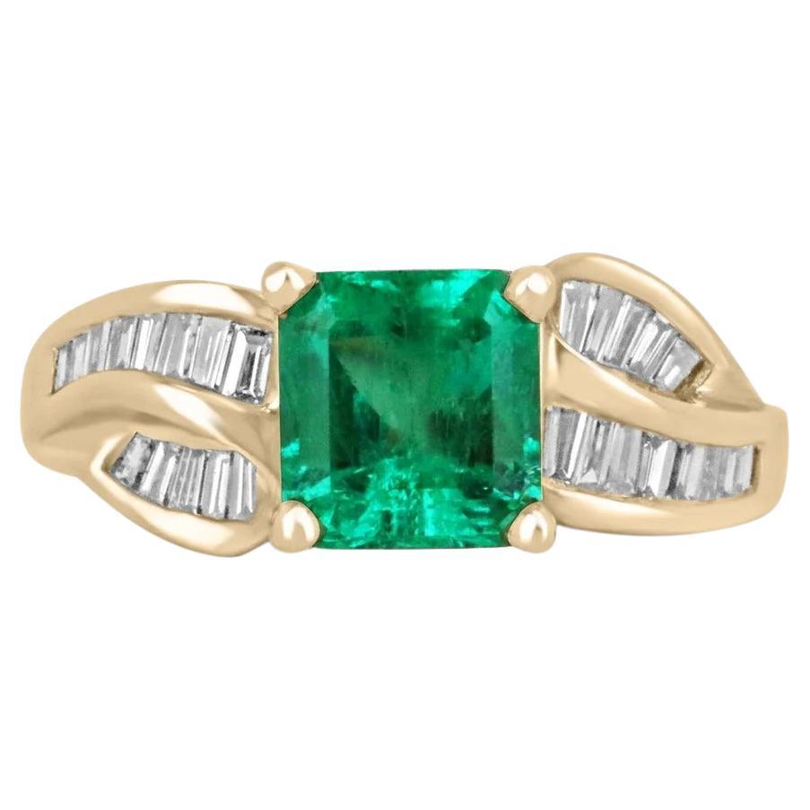 3.22tcw 14K Vivid Electric Green Colombian Asscher Cut Emerald & Diamond Ring