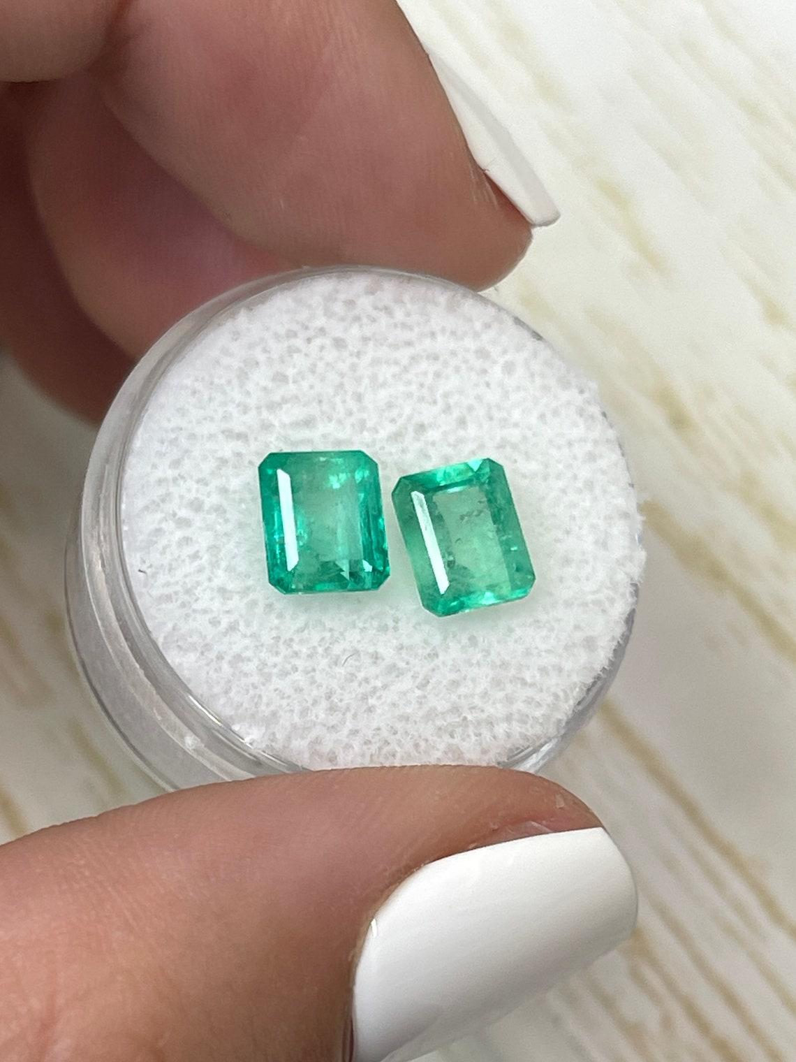 Modern 3.22tcw 7.5x6 Matching Green Colombian Emeralds - Emerald Cut Genuine Loose Pair For Sale