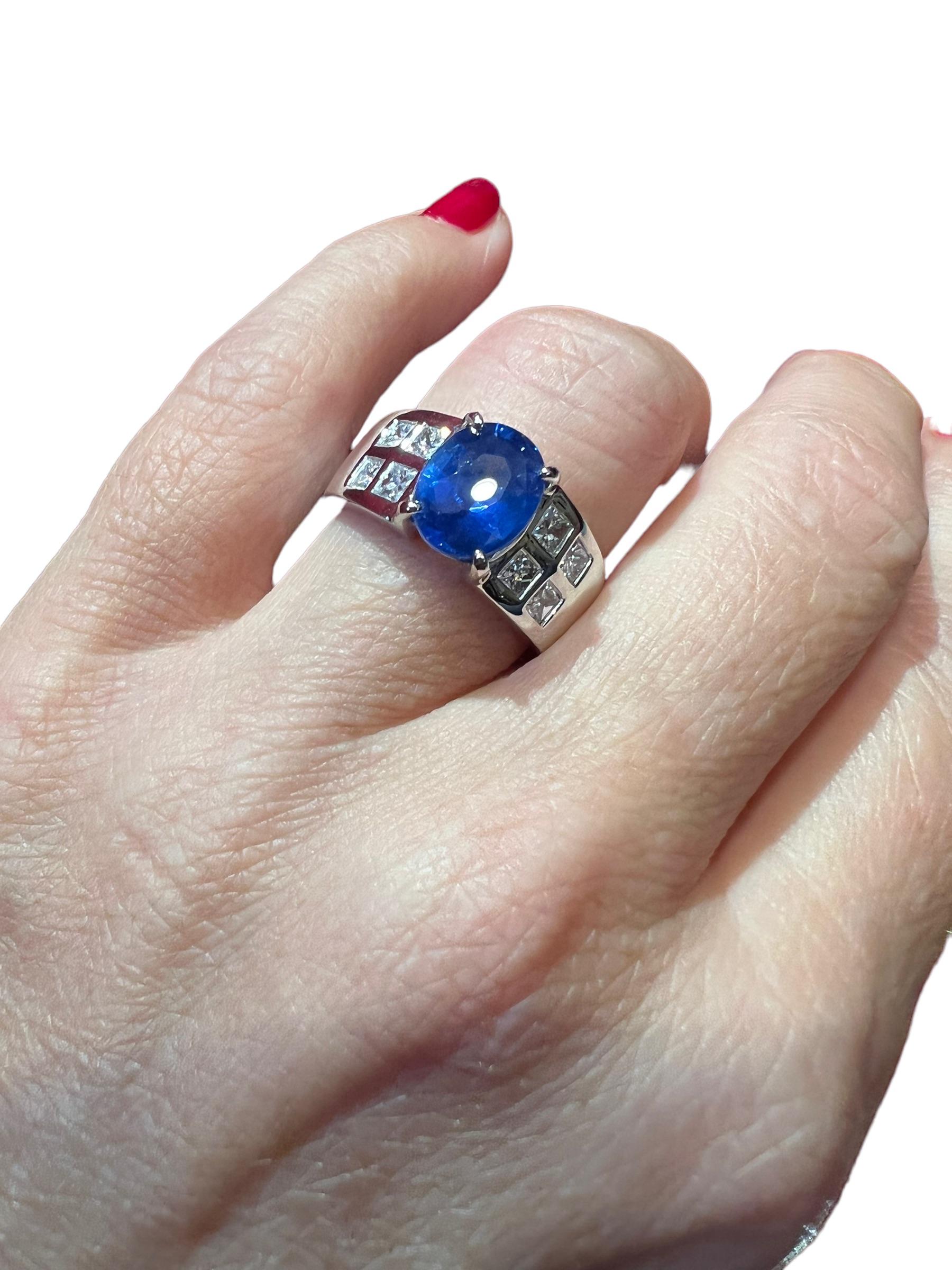 Women's or Men's 3, 23 Carat Blue Sapphire, 0, 95 Carat Cut Princess Engagement Ring