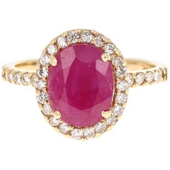 3.23 Carat Ruby Diamond Ring and Diamond Band 14 Karat Yellow Gold Ring