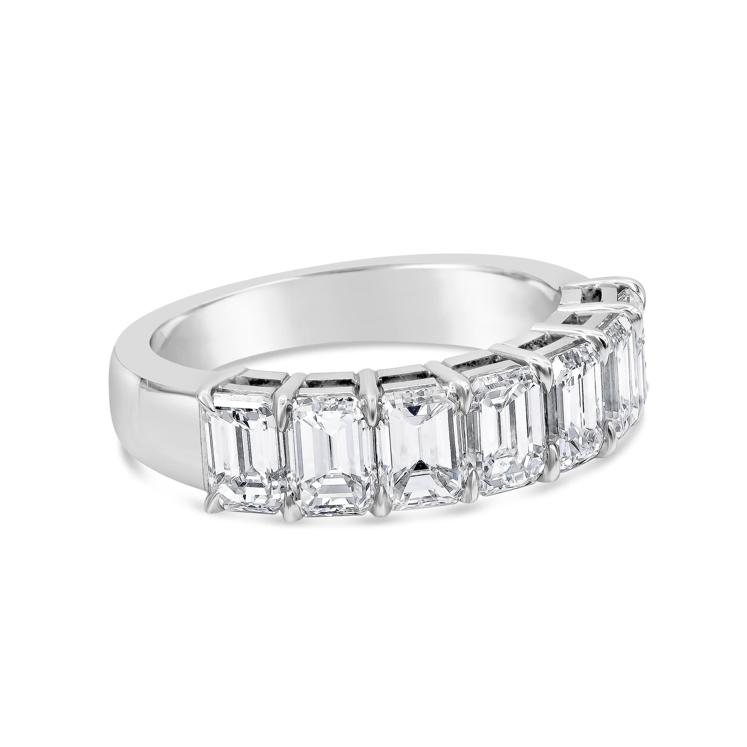 A timeless classic showcasing a seven-stone wedding band ring. 3.23 carat total emerald cut diamonds elegantly set in an air gallery setting. Made with Platinum. Size 6 US

Style available in different price ranges. Prices are based on your