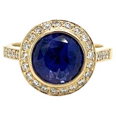3.23 Carat Unheated Blue/Purple Sapphire & Diamond Halo Ring in 14K Yellow Gold 